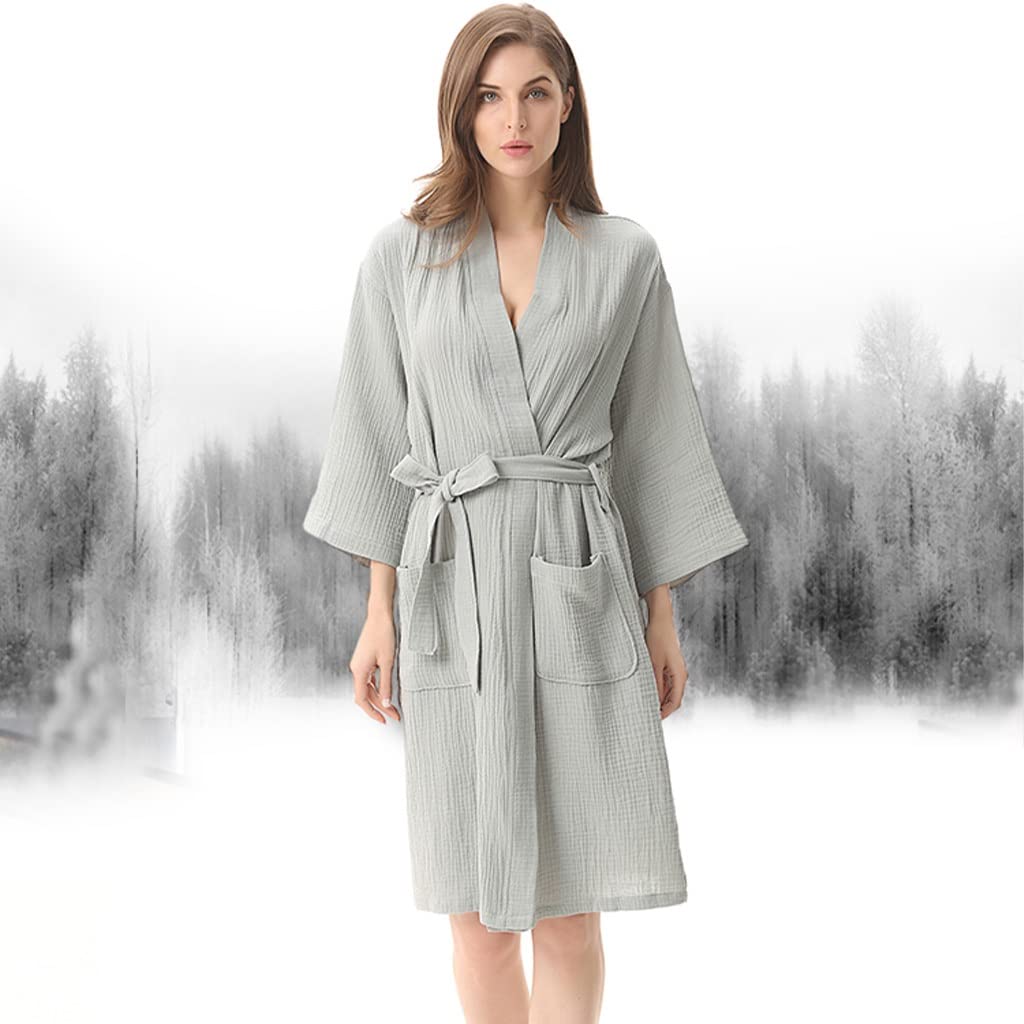 XUEMML Peignoir Femme Coton Kimono Robe ，Peignoir De Bain Femme Ete， Vêtements De Nuit Doux pour Femmes ， Peignoir De Nuit Mince Double Gaze Kimono Japonais Pyjamas (Color : Light Grey, Size : L)