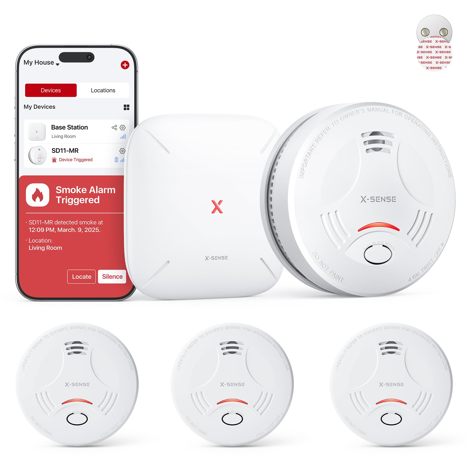 X-Sense Smart Smoke Alarm with SBS50 Base Station for Home with Magnetic Mount, Wireless Interlinked Fire Alarm, 10-Year Life and Replaceable Battery, App Function, SD11-MR31