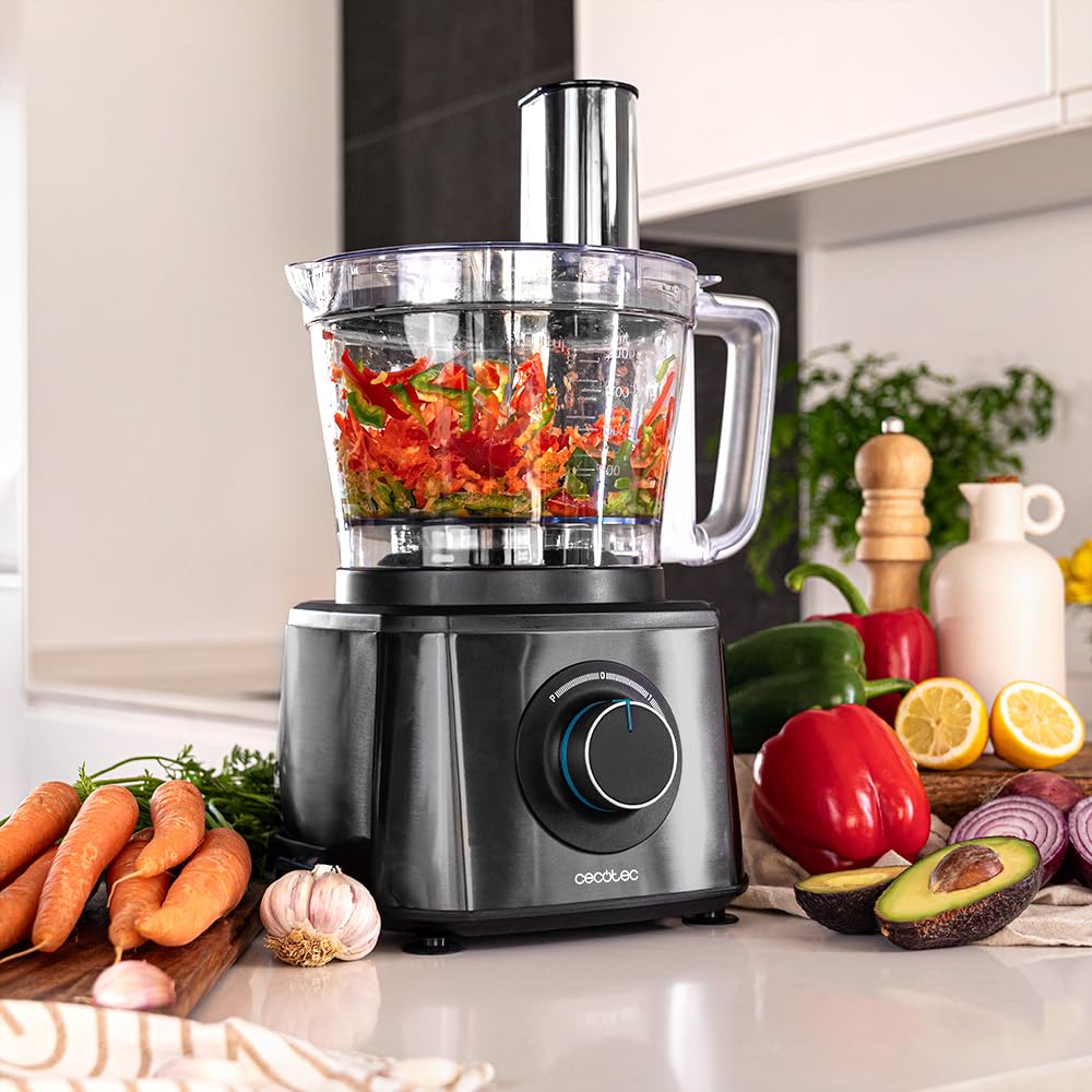 Cecotec Lebensmittelprozessor Paprika 1300 Full, 2000W Leistung, Edelstahl, 2 Geschwindigkeiten, 3 Schneidscheiben, inklusive Schüssel 3,5 L, Krug 1,8 und Saftpresse