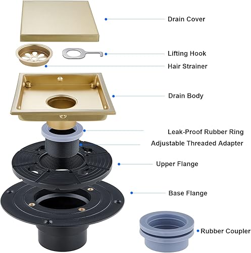 Miniatura 9 de Colador de drenaje de suelo de ducha cuadrado de 6 pulgadas con brida, rejilla extraíble, atrapa pelo, acero inoxidable SUS304 de alta calidad, base
