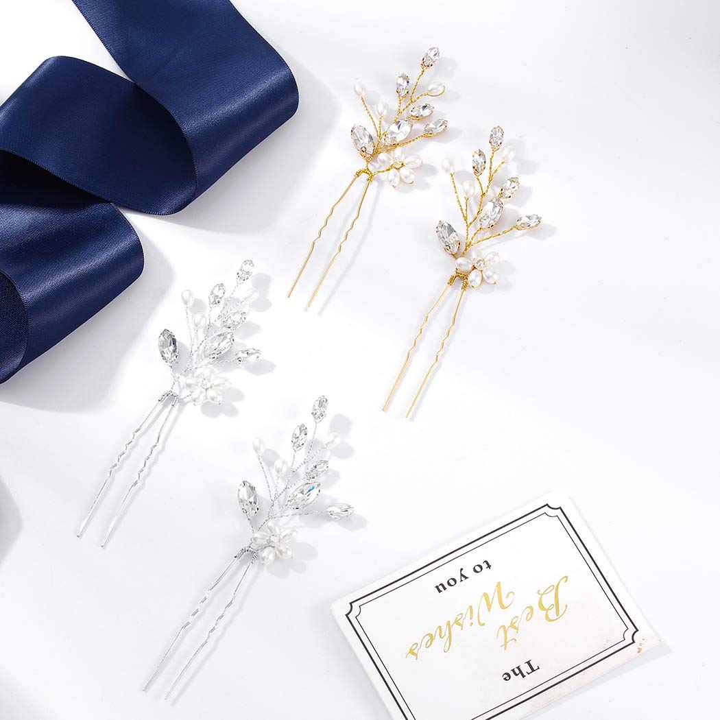 IYOU Bridal Wedding Hair Pins Silver Flower Hairpin Crystal hair Clip Rhinestone Bride Hair Accessories for Women and Girls (Pack of 2) (gold) - Image 3