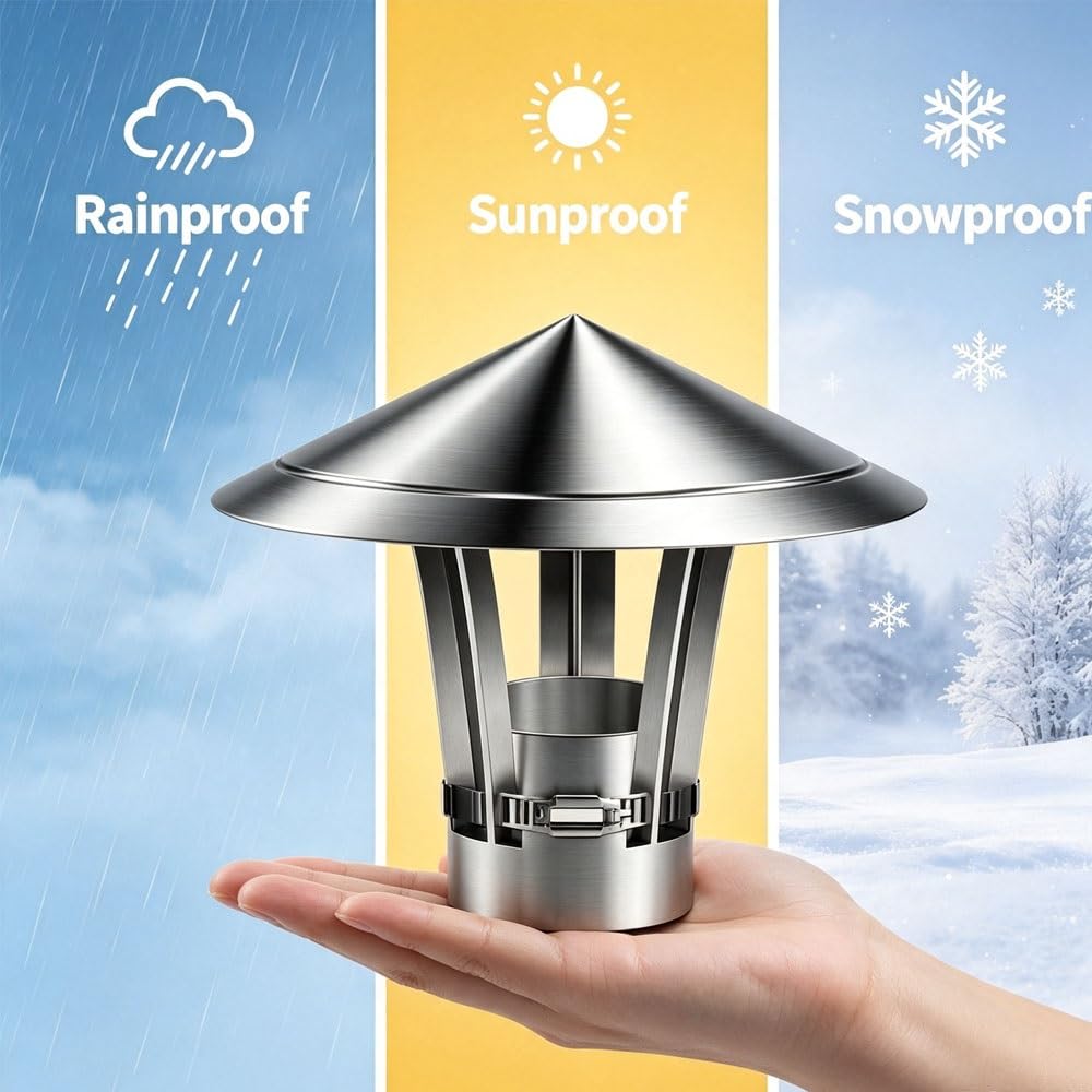 Cappello Comignolo Antipioggia In Acciaio Inox Per 50-300mm Tonda Camino | Conic Canna Fumaria Antivento Intemperie Tappo, Regolabili Comignolo Copertura di Sfiato Per Tetto de Stufa(135mm)