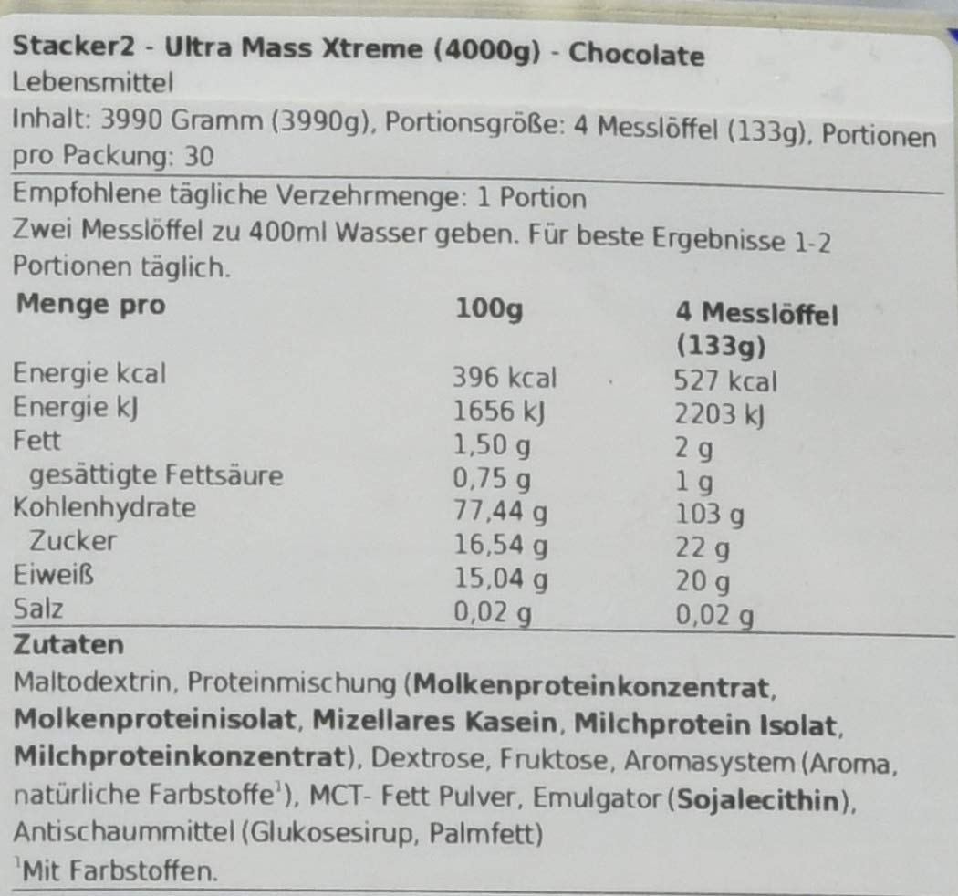 Stacker2 Ultra Mass Xtreme Gainer Muskelmasse Bodybuilding (Chocolate 3990g)