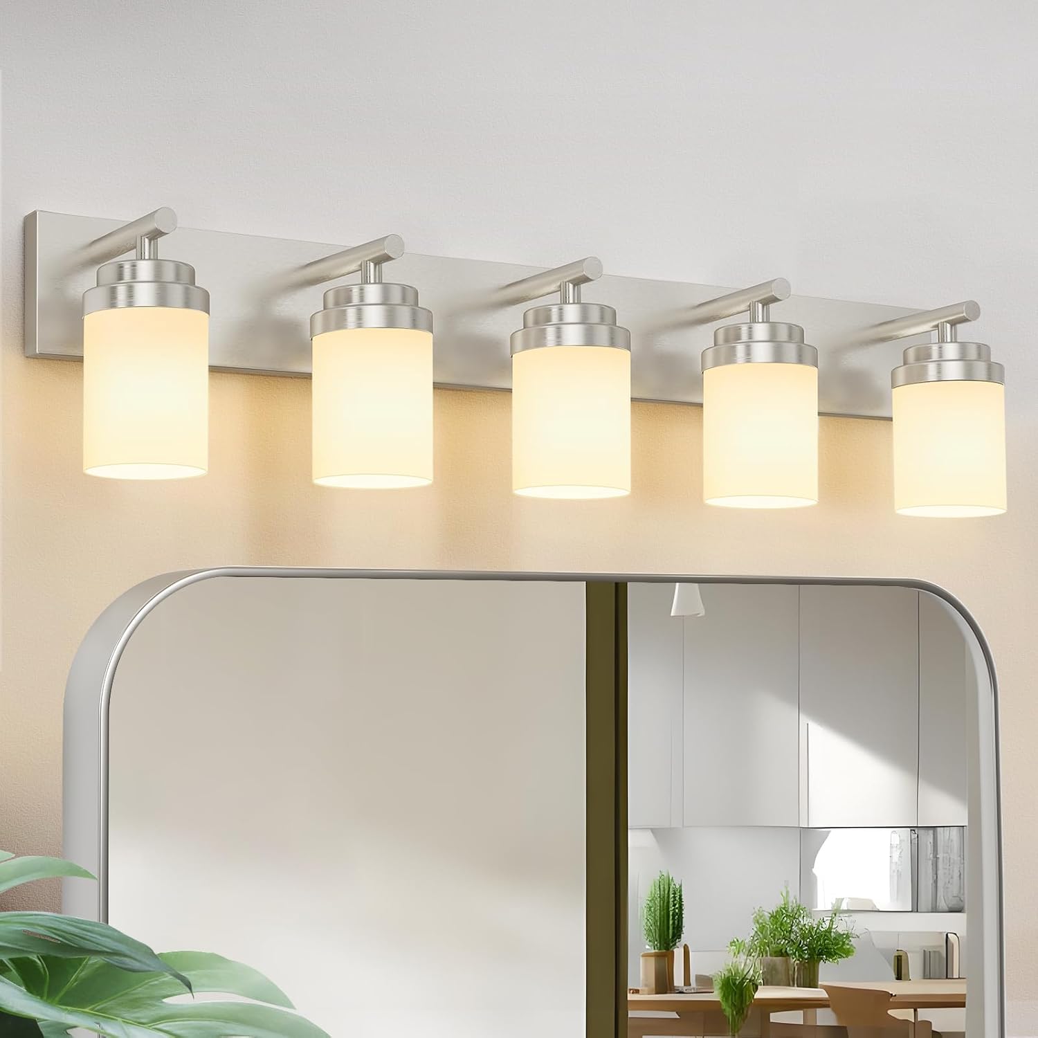 IZORRO Bathroom Vanity Light Fixture, 5-Light 36 Inch Brushed Nickel Bathroom Light Fixtures Over Mirror, with White Glass Shade, Modern Farmhouse Vanity Lights, Rustic Restroom Lighting Fixtures Nickel-White Glass Shade 5-Light