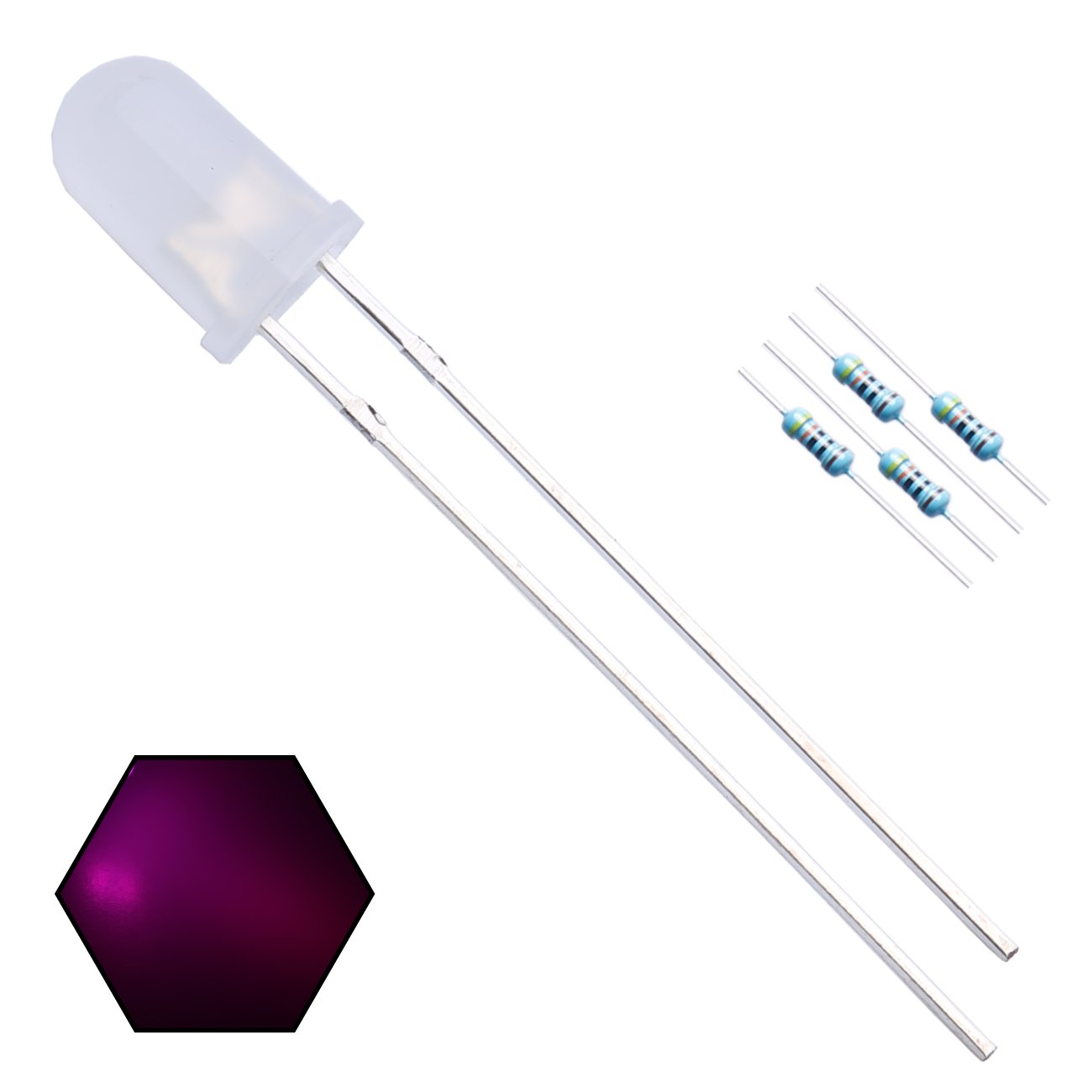 100pcs 5mm Pink Lights LED Diodes (White Lens) Diffused Round Lens 29mm Long Lead (DC 3V) +100pcs Resistors (for DC 6-12V) Included,Bulb Lamps Light Emitting Diode