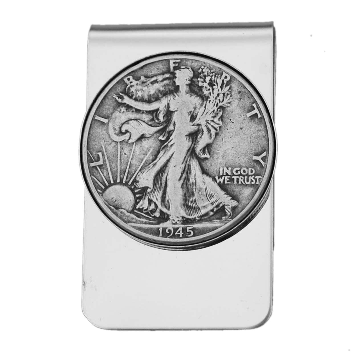 US 1945 Walking Liberty Half Dollar 90% Silver Coin Stainless Steel Money Clip NEW - Silver Plated Coin Bezel