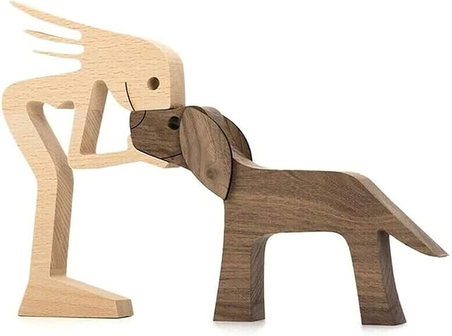 Family Puppy Wooden Carving Ornaments, Natural Solid Wood Pet Dog Family Crafts Sculpture, Hand-carved Figure Creative Gifts for Home Office Desktop (Women and Dog)