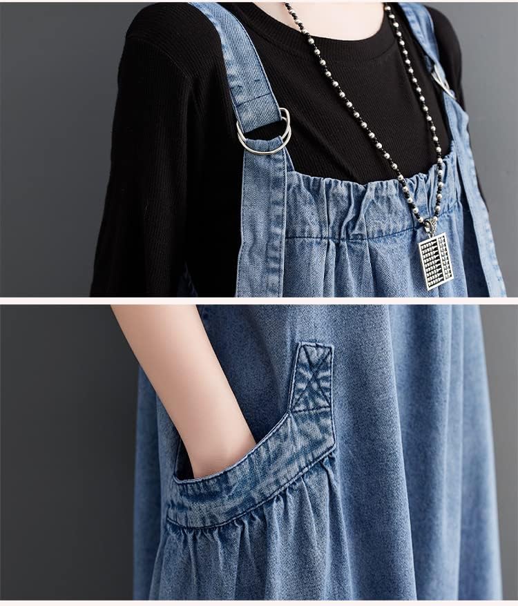 EXPOING Denim Jumper Dress for Women Loose Version Baggy Style Maxi Length Adjustable Straps Wide Hemline - Image 5