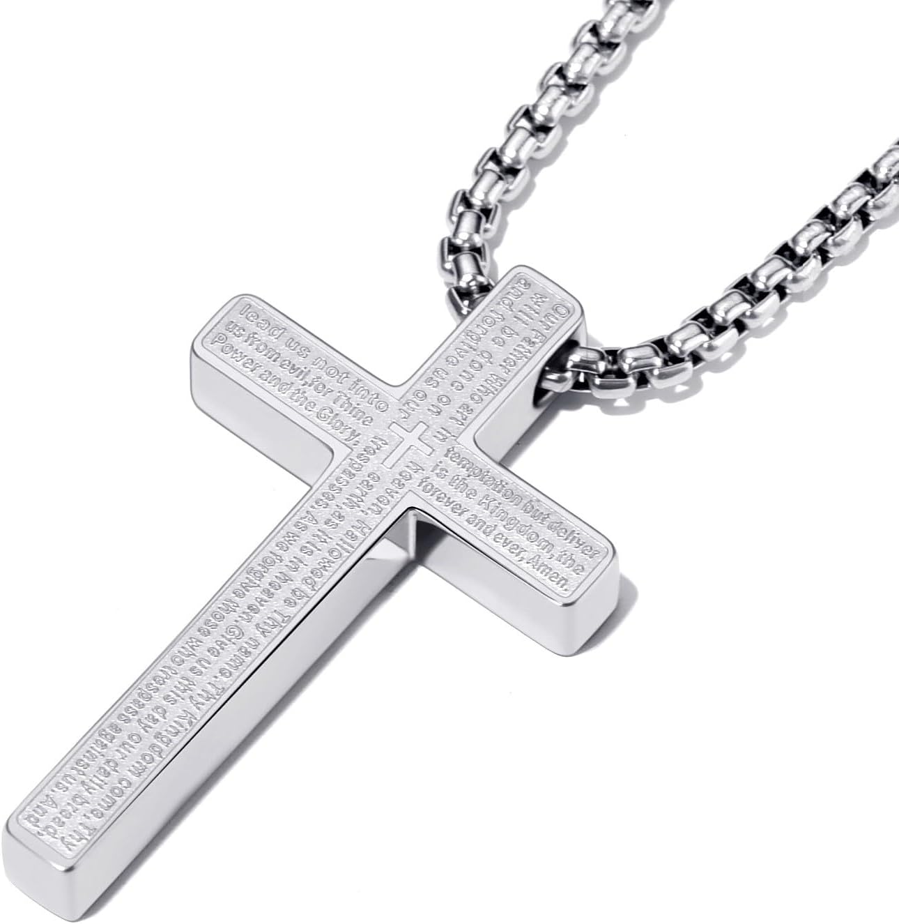 Stainless Steel Lord's Prayer Cross Necklace for Men & Women Engraved Pendant with Polish & Matte Dual Finish, 24" Box Chain