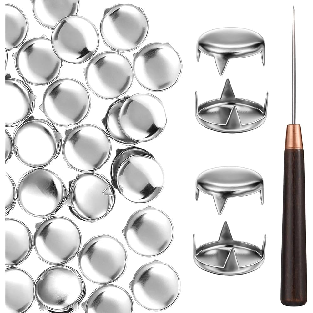Xnuiasqe 200PCS Round Dome Rivets 12mm Claw Rivet Nailheads Studs, Silver Spikes Leather Rivets with Wooden Awl for Punk Clothing