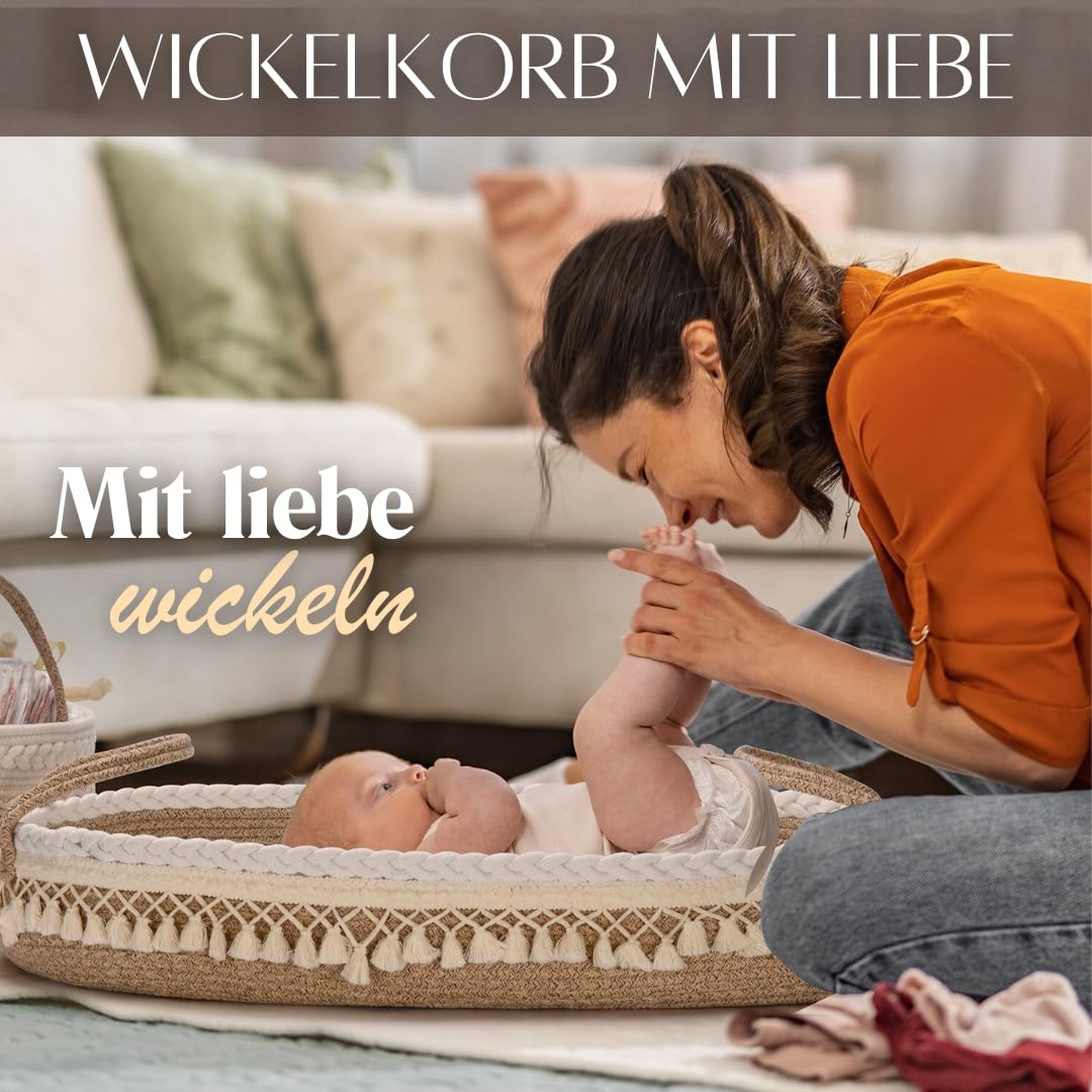 SEBRAM Wickelkorb Baby – Handgefertigte Wickelauflage mit Liebe, Wasserdichte Matratze und Tragetasche | Sicher & Schön fürs Babyzimmer – Farbe: Beige