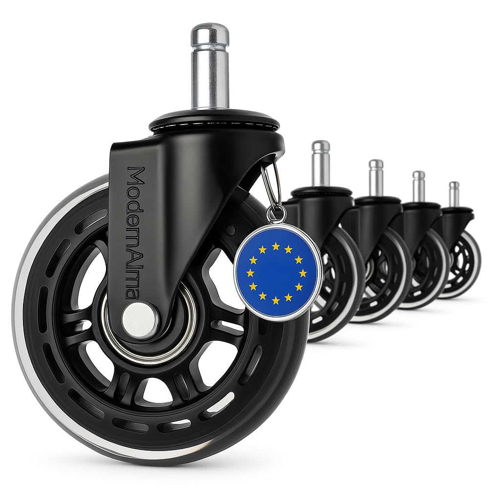 ModernAlma Office Chair Wheels Rubber 11 x 22 mm | Set of 5 Swivel Wheels | Rubber Wheels, Silicone Wheels | Ideal for Gaming and Parquet | Quiet and Resistant (Black/Transparent)