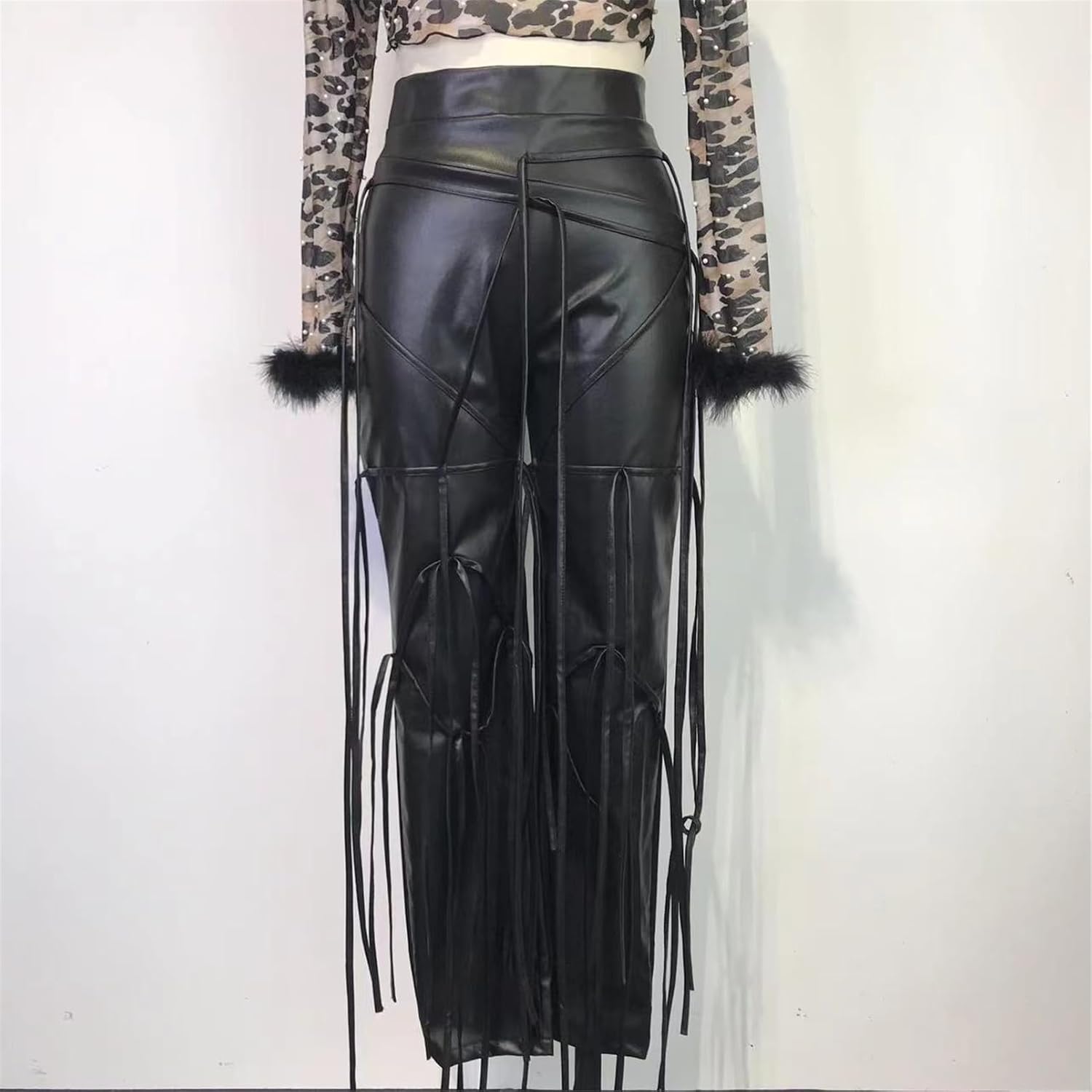 Recious Womens Sexy High Waits PU Leather Bodycon Lace Up Tassels Party Clubwear Pants