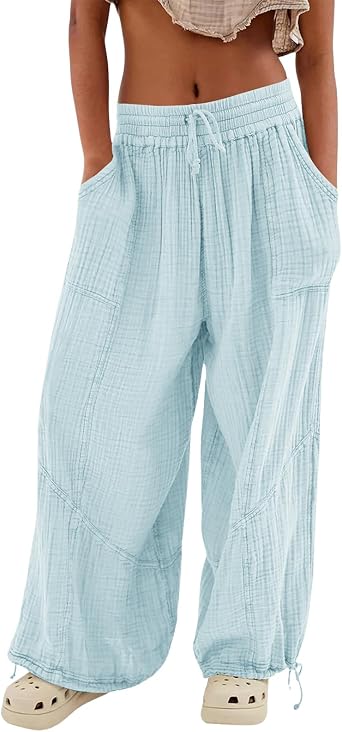 utcoco Womens Casual Loose Fit Wide Leg Cotton Pants Drawstring Stitching Baggy Pants Trousers with Pockets