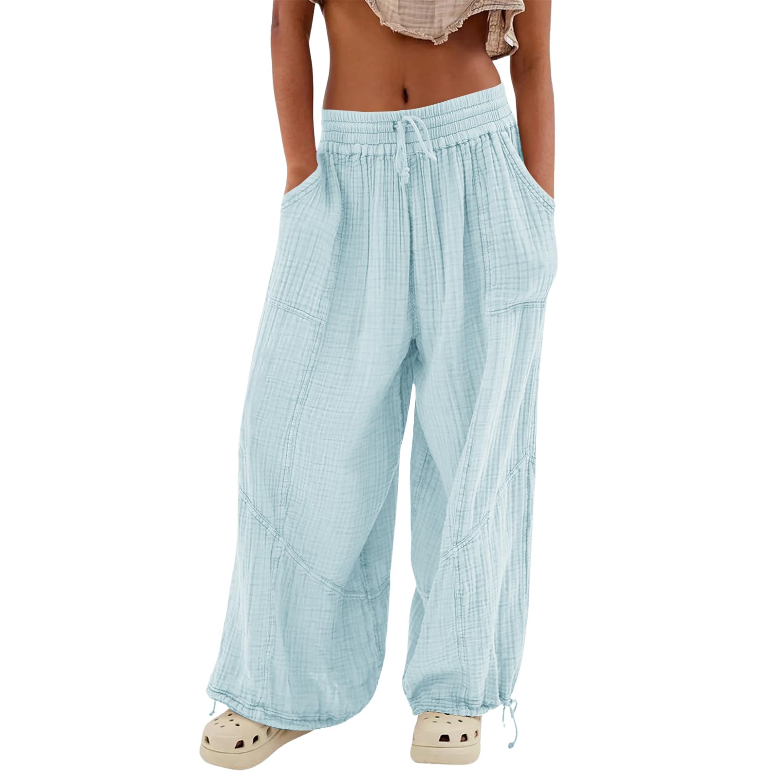 utcoco Womens Casual Loose Fit Wide Leg Cotton Pants Drawstring Stitching Baggy Pants Trousers with Pockets
