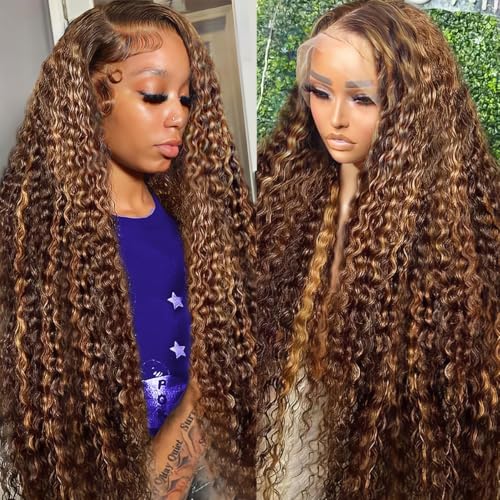 Image of LAINSS P4 /27 Highlight Curly Human Hair Wig 13x6 Ombre Deep Wave Lace Front Wig Human Hair Pre Plucked 210% Density Honey Blonde Deep Wave Wigs for Women Glueless HD Lace Frontal Wig 26 Inch