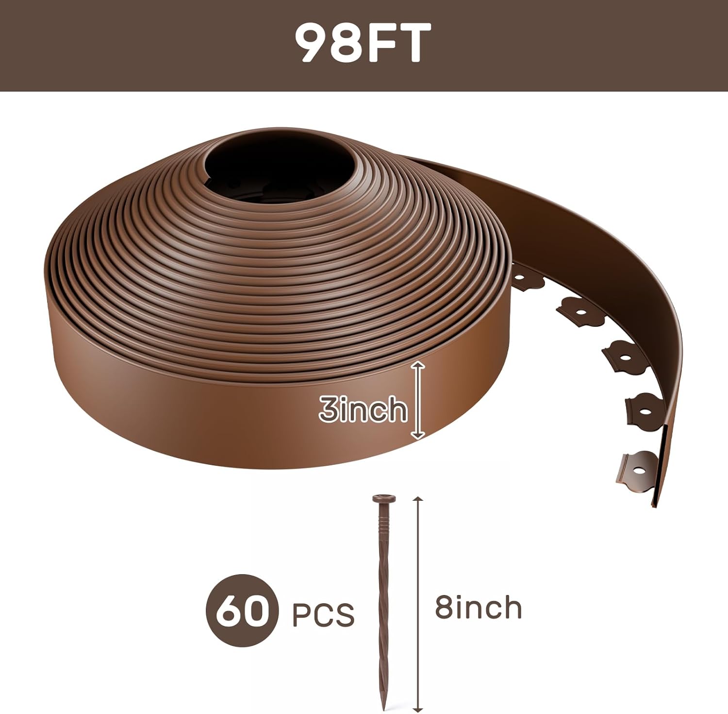 agtek garden edging 98ft landscape edging kit 3 inch height plastic garden border no dig lawn border for yard flower bed with 60 stakes brown 3in x 98ft