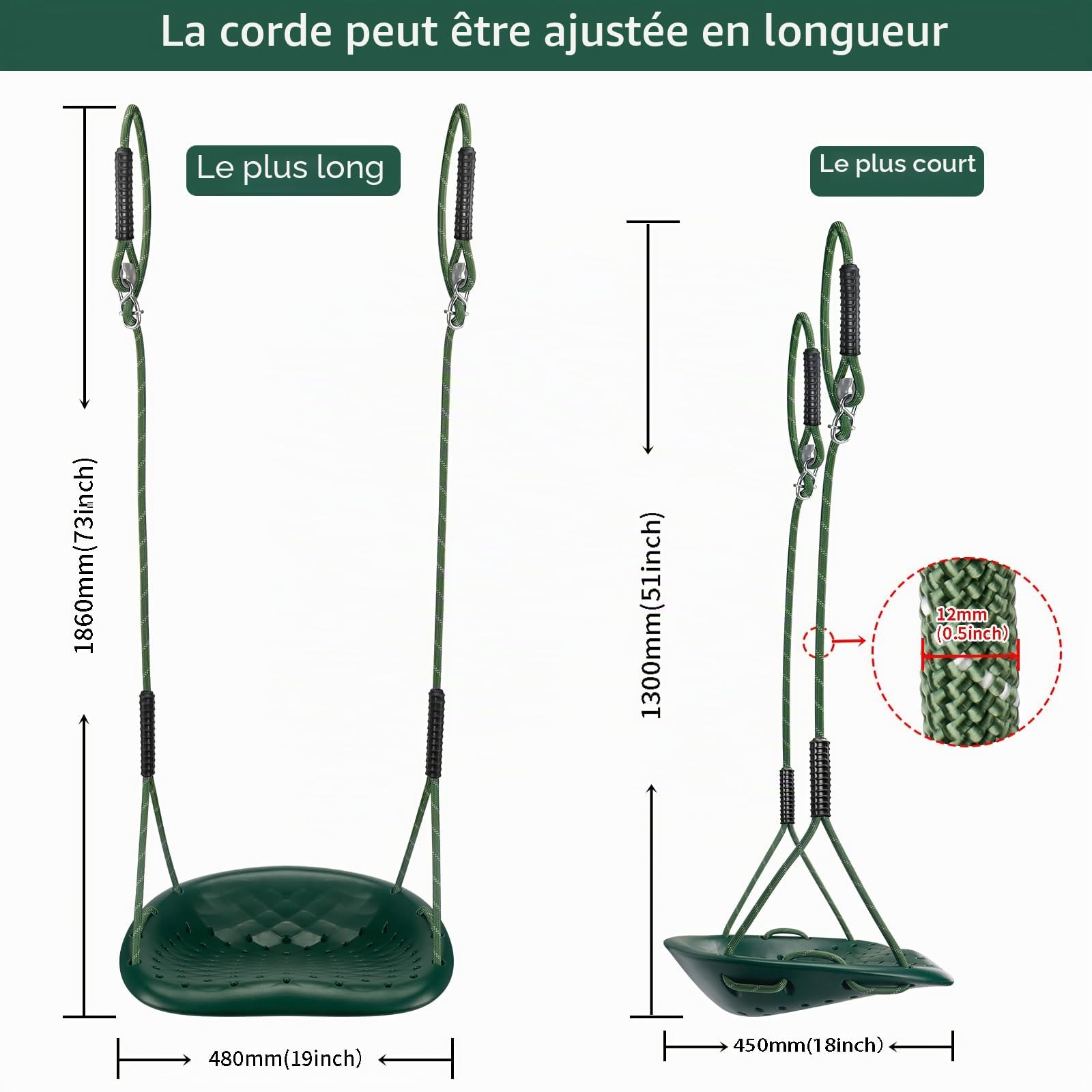 Balançoire d'extérieur en Plastique antidérapant pour Enfants/Adultes avec Corde réglable et Mousqueton, capacité de Charge de 250 kg, Accessoire de balançoire, Vert