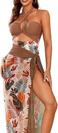 ChiaoLezhee Womens Cut Out One Piece Swimsuit with Sarong Wrap, Sexy Monokini Matching Coverup