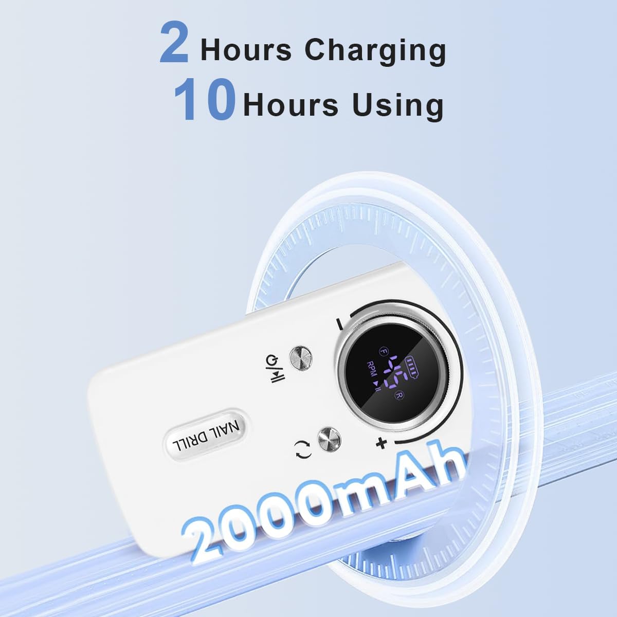 Torno para Uñas Profesional 45000 RPM, Torno Uñas Taladro Eléctrico Recargable con Pantalla LED, 10H Duración, Bajo Ruido,12 Puntas,para Uñas Acrílicas/Gel/Semipermanente