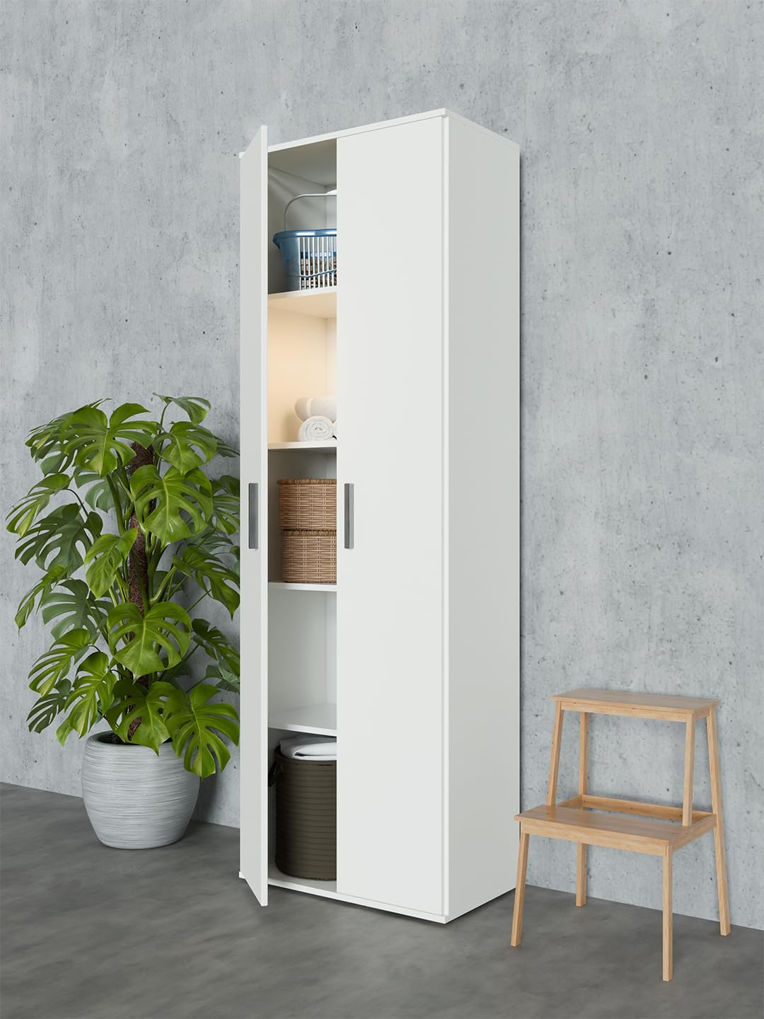 Happy Babies Utility-Schrank 60 cm | Weiß | Vorratsschrank für Staubsauger, Mopps & Reinigungsmittel | 176 cm hoch – Laminierte 16 mm Platte, Mattes ABS-Finish (Weiß)