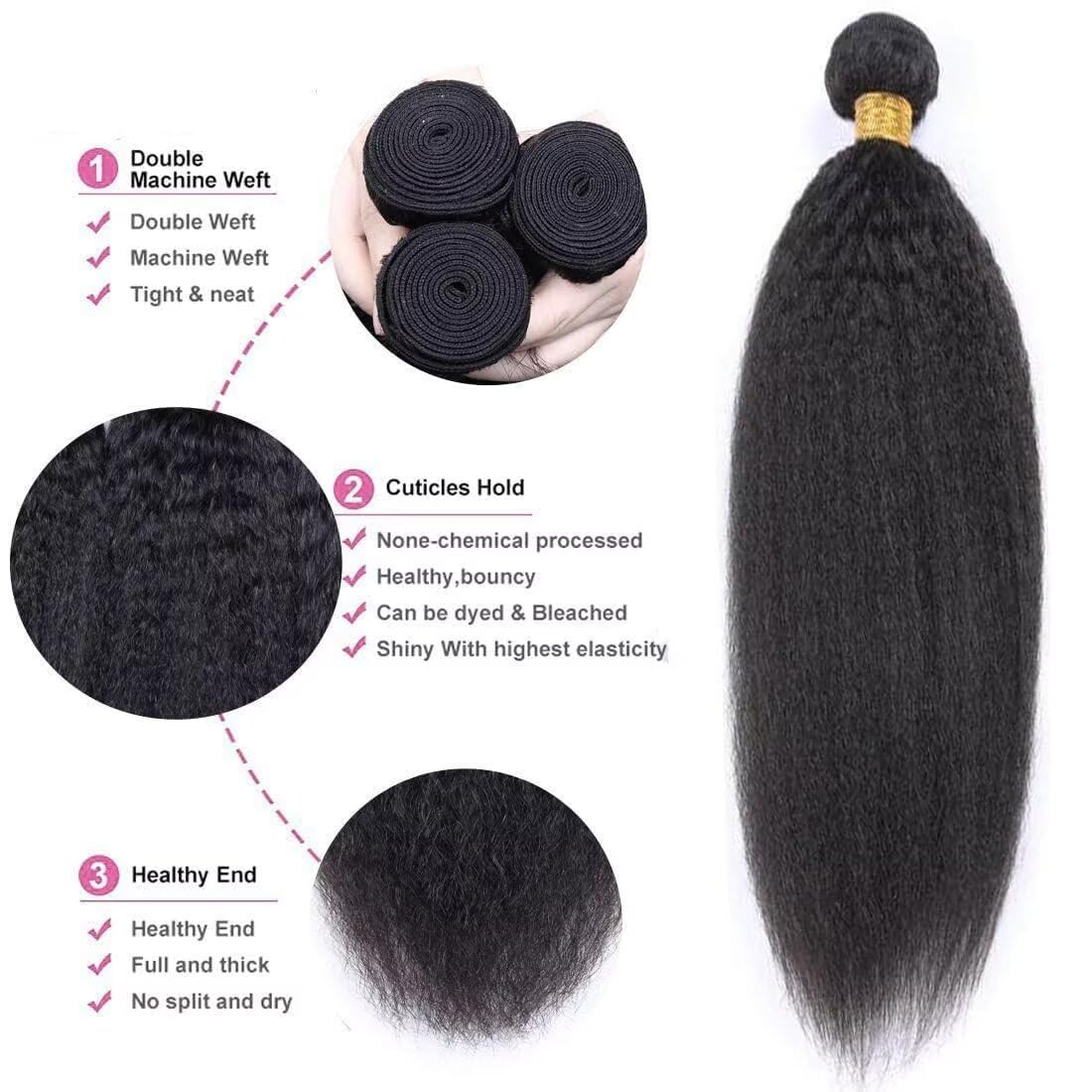 20 Inch Brazilian Human Hair Bundles 100% Unprocessed Virgin Kinky Straight Human Hair Bundles Yaki Straight Hair Bundles Single One Bundles Human Hair Kinkys Straight Bundles 95-100g / bundle - Image 3
