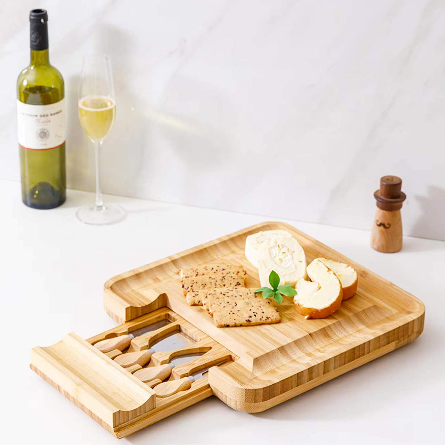 PylepeBamboo Cheese Board with 4 Stainless Steel Knife Set,Charcuterie Platter Board Set & Cheese Serving Tray,Unique New House Warming Anniversary Christmas Gift for Couple Women