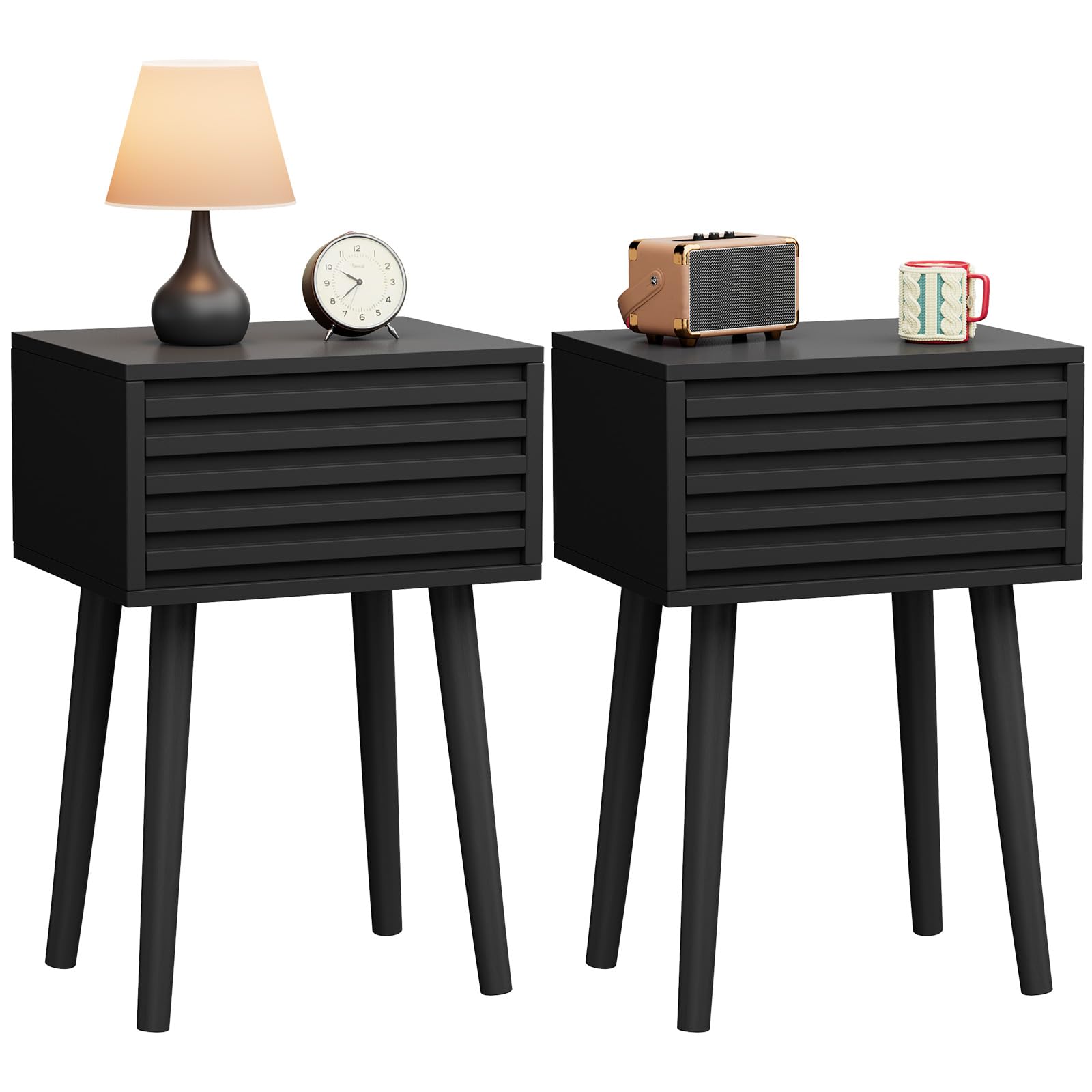 YMYNY Set di 2 Comodini, Tavolini da Salotto, Stile Mid-Century Moderno Canaliato, Cassetto a Apertura a Pressione, Gambe in legno massello, 35×27×53cm, per Camera da Letto, Soggiorno, Nero HST018B-2