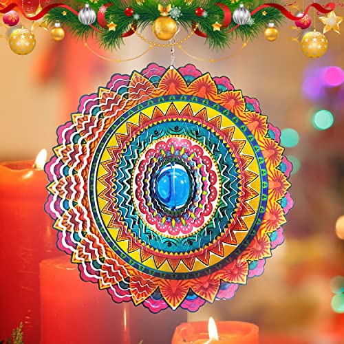 Image of FONMY Wind Spinner 3D Stainless Steel Christmas Decoration Room Decor Indoor /Outdoor Garden Decoration Hanging Ornaments Kinetic Yard Art Decorations 12 inches Multi Red Mandala Wind Spinners