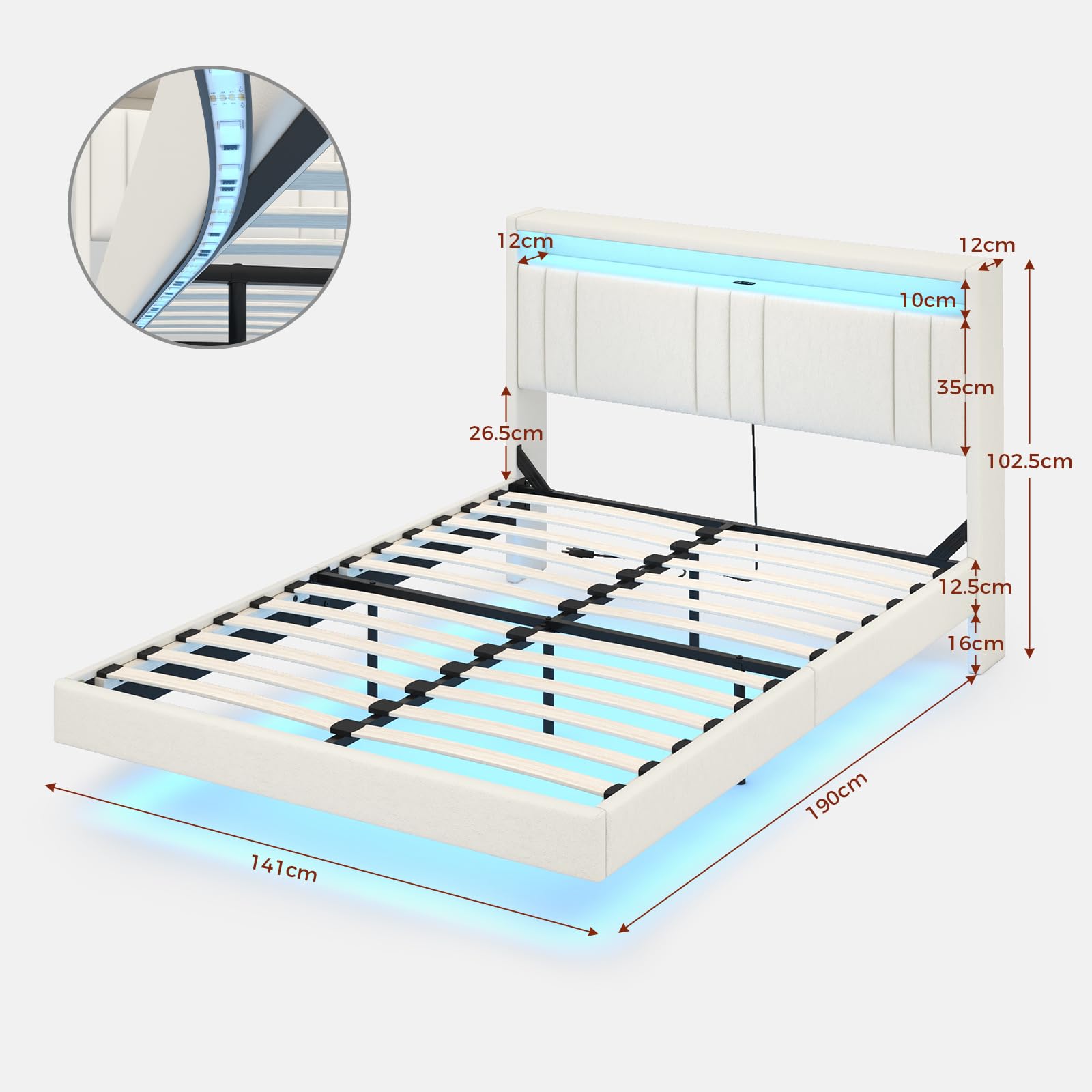 KIMENICH Lit 140x190 cm, Effet Flottant, Lits Double avec LED Réglable, Multiprise et Étagère Ouverte, Cadre de Lit avec Sommier à Lattes, Lits Flottant Rembourré, PU Blanc
