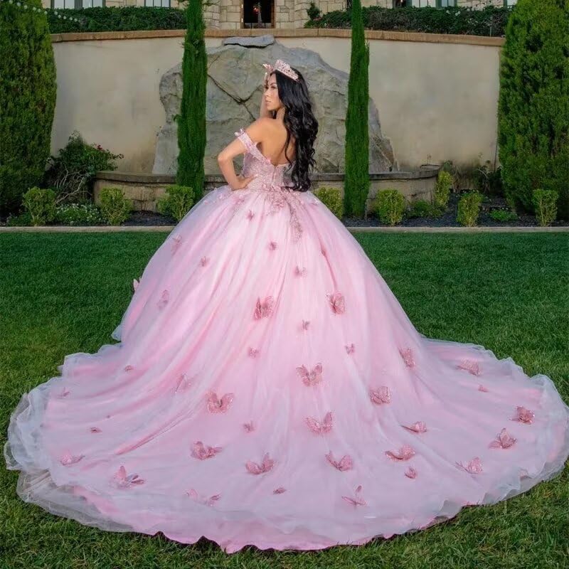 ZVOCY 3D Butterfly Quinceanera Dresses with Train Off Shoulder Ball Gown Beaded Sweet 15 16 Prom Princess Dresses2