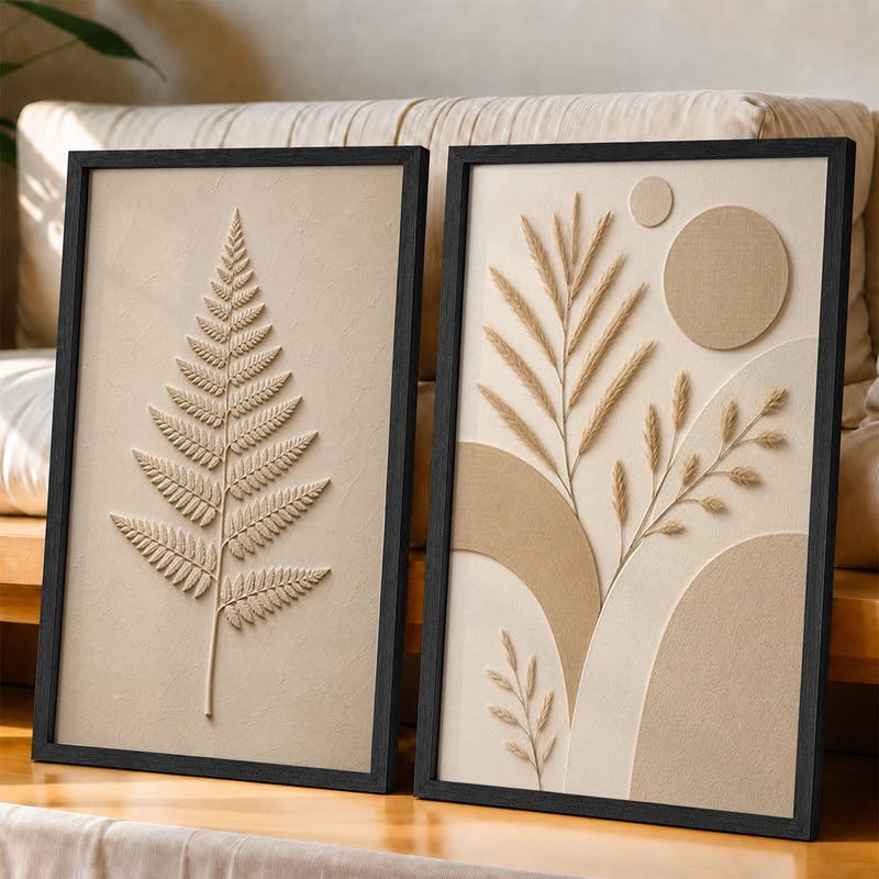 Image of NoWorries Minimal Botanical Wall Painting Set of 2 with Frame | Neutral Beige Fern Leaf & Pampas Grass Abstract Artwork, Soft Nature Wall Decor for Living Room, Bedroom, Office and Home Decoration (Art-16, 21x31inch)