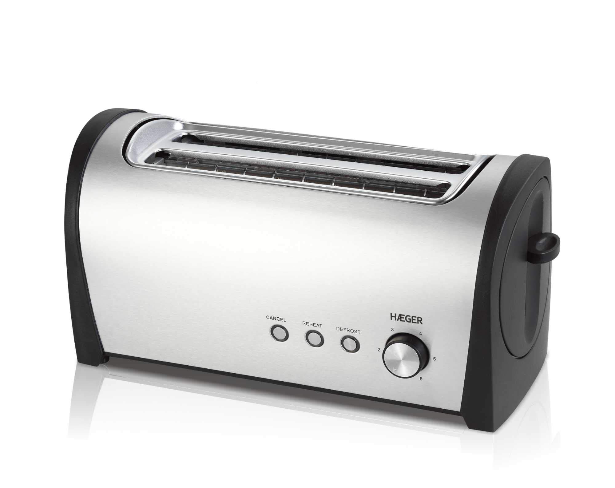 HAEGER DESAYUNO PLUS - Tostadora Multifunción con 1400W de potencia - 2 Ranuras Largas, exterior en INOX, control electrónico de tostado - 6 posiciones, 3 funciones: recalentar, descongelar y cancelar