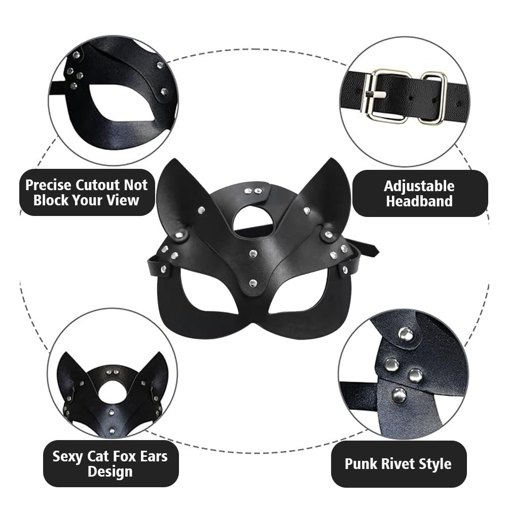 SUNNEE Leather Masks: Black Choker Mask Set for Women Half Face Mask Adults Cosplay Costume Party Props Accessory (Fox) - Image 4