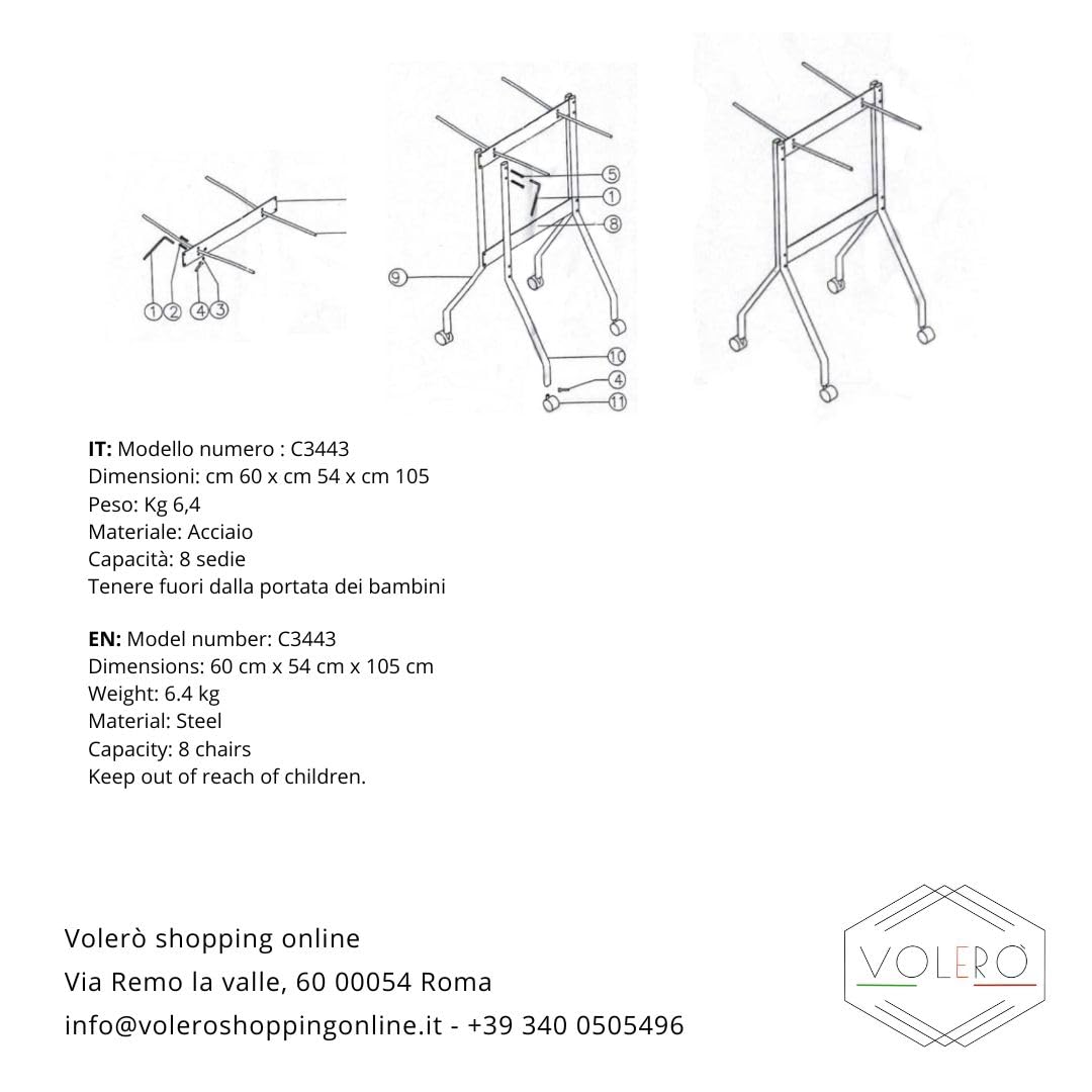 VOLERO', Carrello Salvaspazio Porta Sedie Pieghevoli, Modello Pirro, Capacità 8 Sedie, 4 Ruote con Freno. (Grigio)