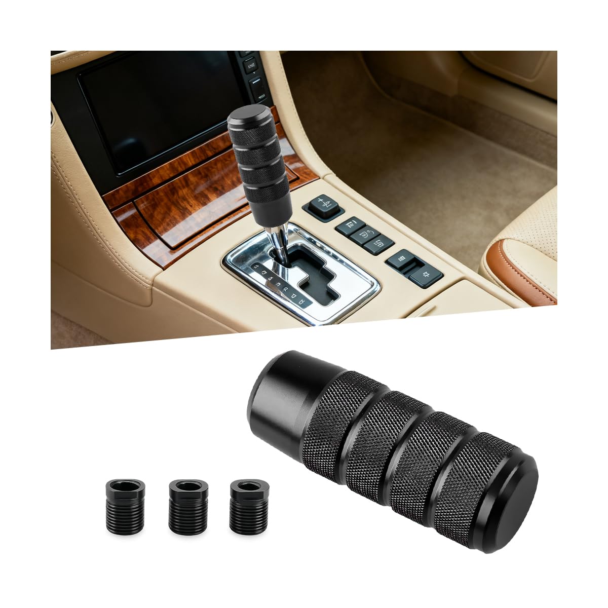 95mm/3.74" Car Shifter Knob, Aluminum Alloy Gear Stick Shifting Lever with 3 Thread Adapters, Non-Slip Auto Shift Handle Head, Universal for Most Manual Automatic Vehicles (Black)
