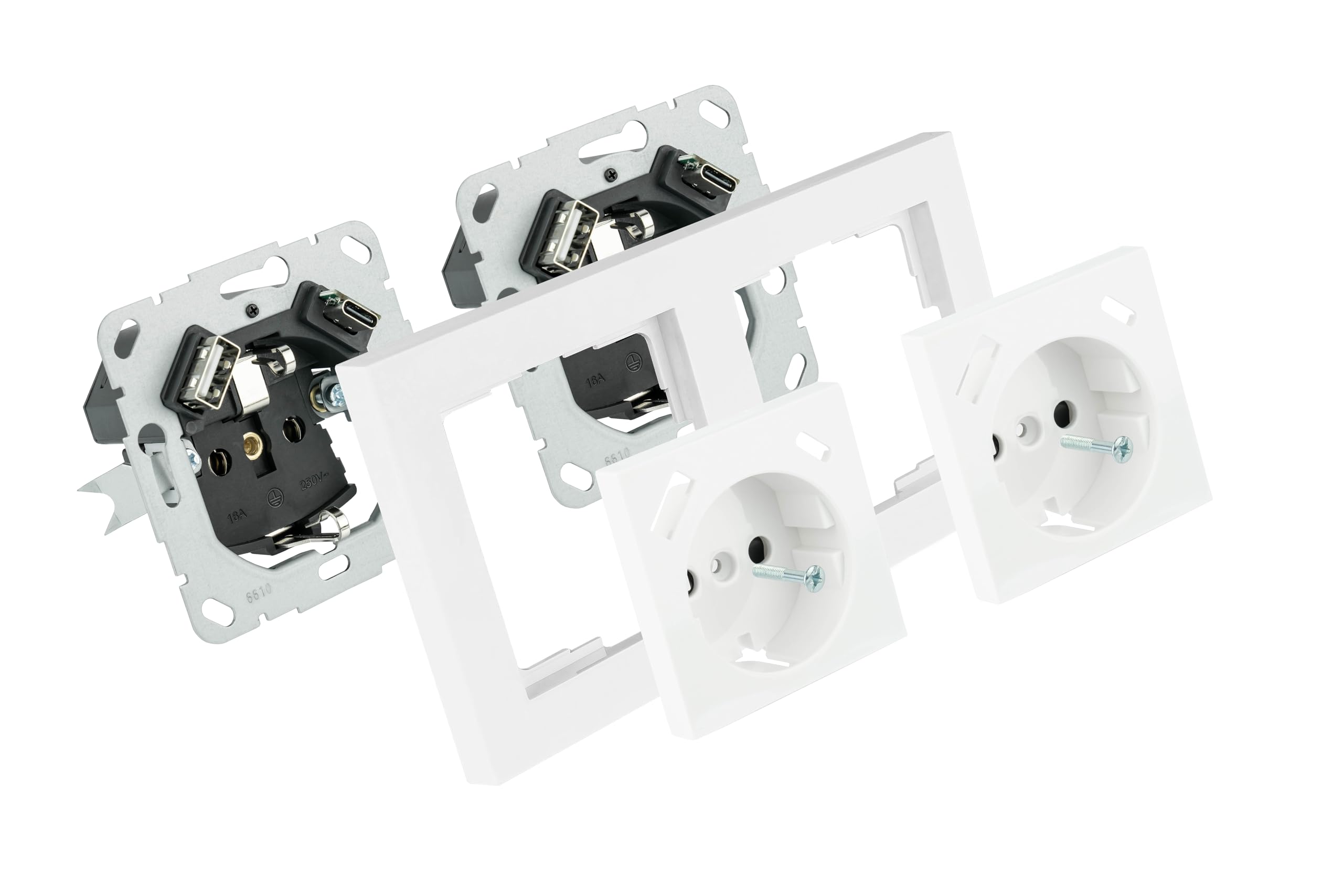 Schutzkontakt-Einbausteckdose 2-fach, jeweils mit USB-C (20W, Power Delivery 3.0) und USB-A Buchse (18W) - inkl. Doppelrahmen + 2x Zentralstück - signalweiß (RAL9003)