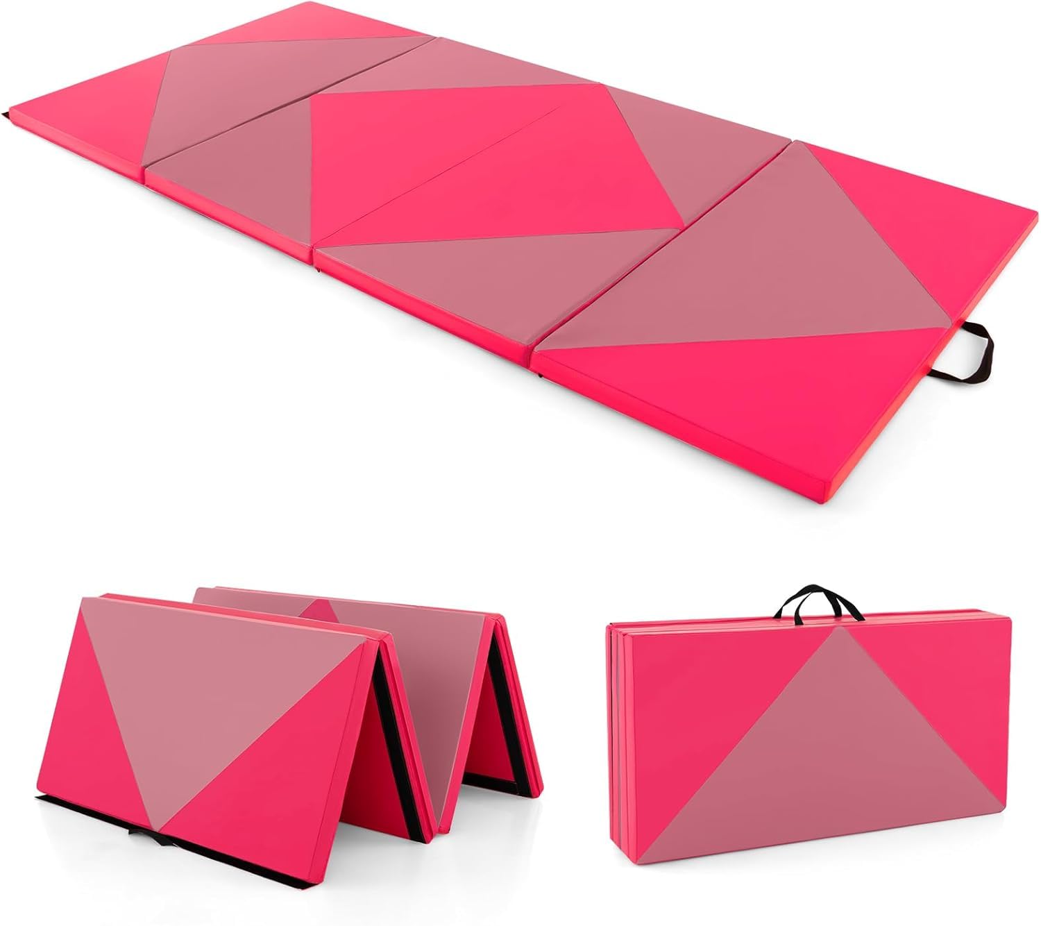 GOPLUS Colchoneta de Gimnasia Plegable, 240x117x5cm, Esterilla de Entrenamiento de Cuero Artificial con Asas de Transporte, Alfombra de Suelo para Fitness Yoga (Rosa + Melocotón)