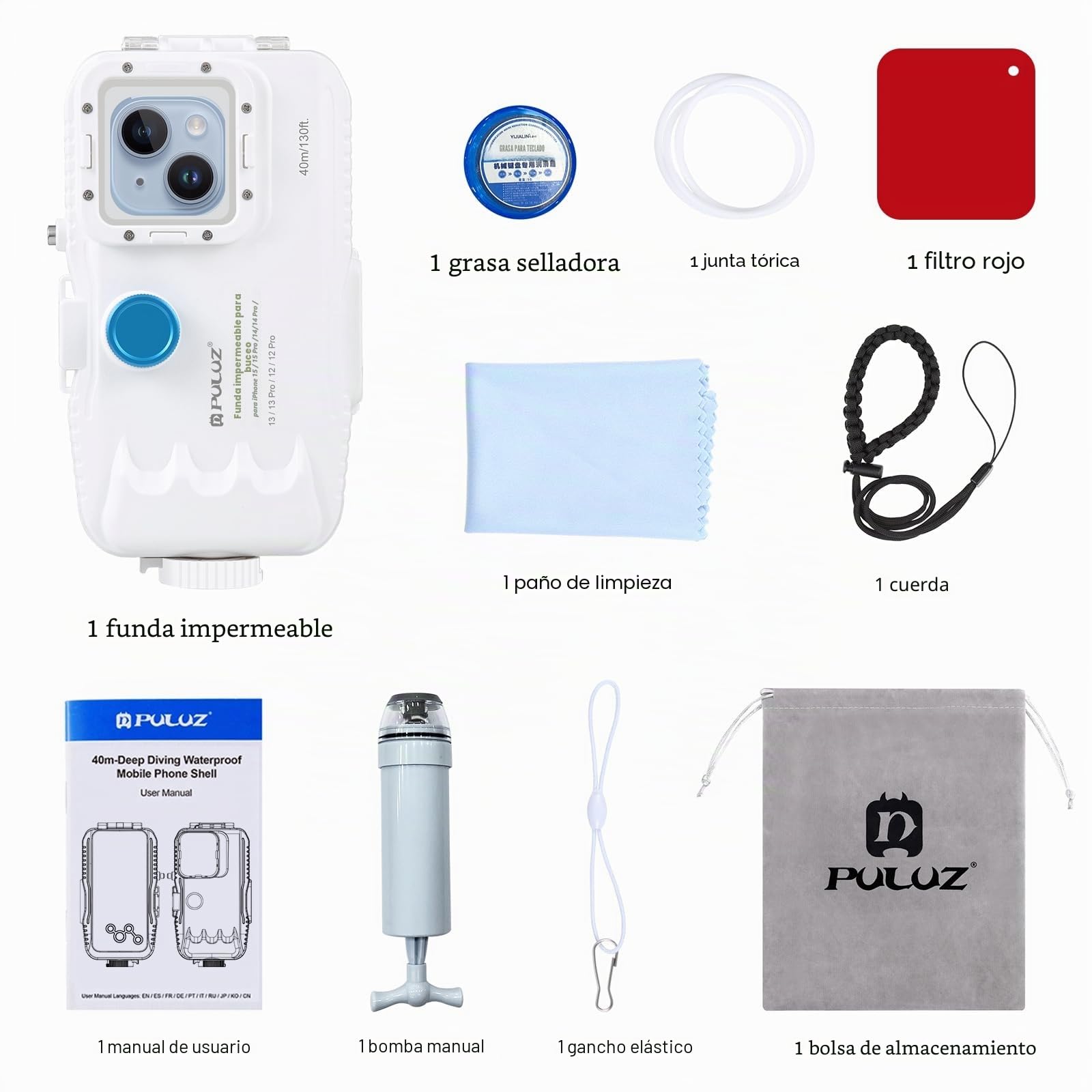 PULUZ Funda impermeable para iPhone 14/14 Pro/13/13 Pro/12/12 Pro, funda protectora de policarbonato y vidrio de 40 m/130 pies, funda de buceo impermeable para surf, esnórquel, flotante, color blanco