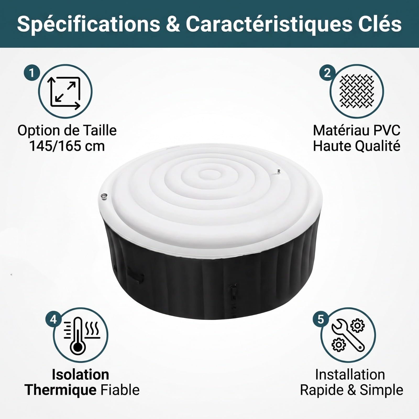 Générique 145/165 cm PVC Couverture De Spa Gonflable, Couvercle De Bain À Remous Rond, Couvercle De Bain À Remous, Isolation Thermique Pliable pour Spa, Spa Rond Extérieur