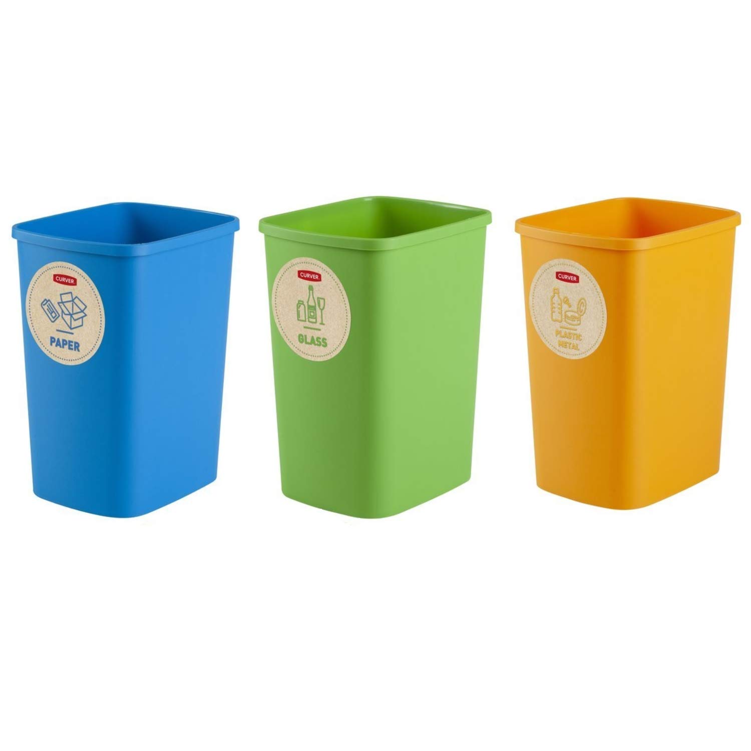 Curver - Juego 3 cubos de basura Eco Friendly para sistema de reciclaje, cubos de plástico para papel, cristal y plástico (3 x 25L)
