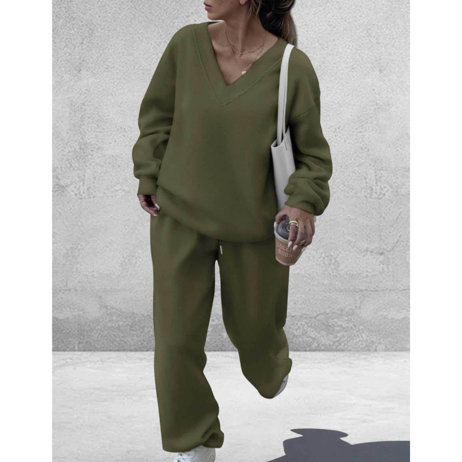 Ensemble deux pièces pour femme sweat-shirt à col V pantalon à jambes large
