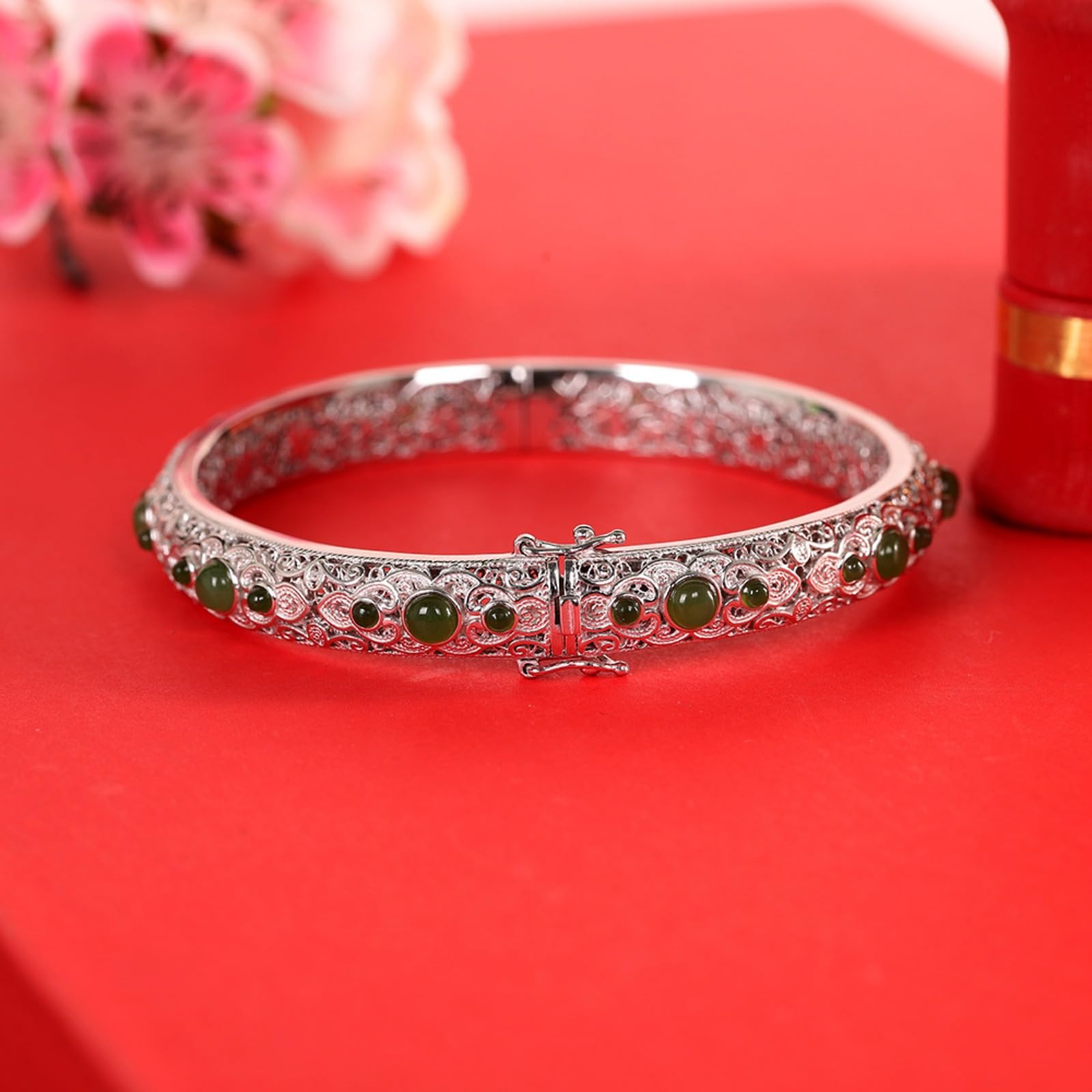 Braccialetti d'argento, braccialetti da braccialet Bracciale rigido traforato in argento sterling S925 con diaspro, artigianato tradizionale, accessorio perfetto for l'appuntamento