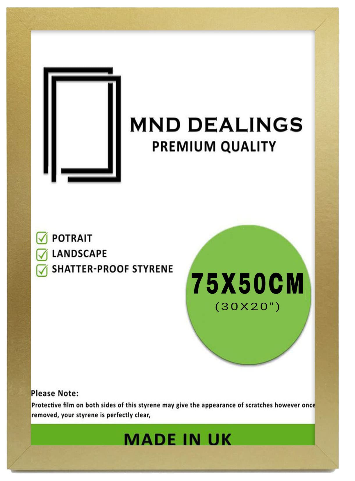 MND Dealings Large Gold 75cm x 50cm Poster Frames- Horizontal or Vertical Display- To Wall Mounting, HD Perspex,Solid MDF Frame Display 75cm x 50cm-Hanging Hardware Included-(Gold)