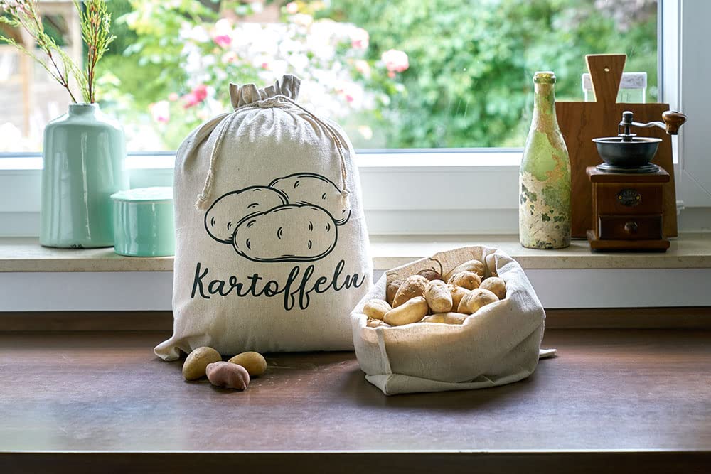 | 3er-Set, Gemüsebeutel aus Leinen-Stoff, zertifiziert, zur Aufbewahrung, je 1x mit Aufdruck für Kartoffel, Zwiebel, Knoblauch