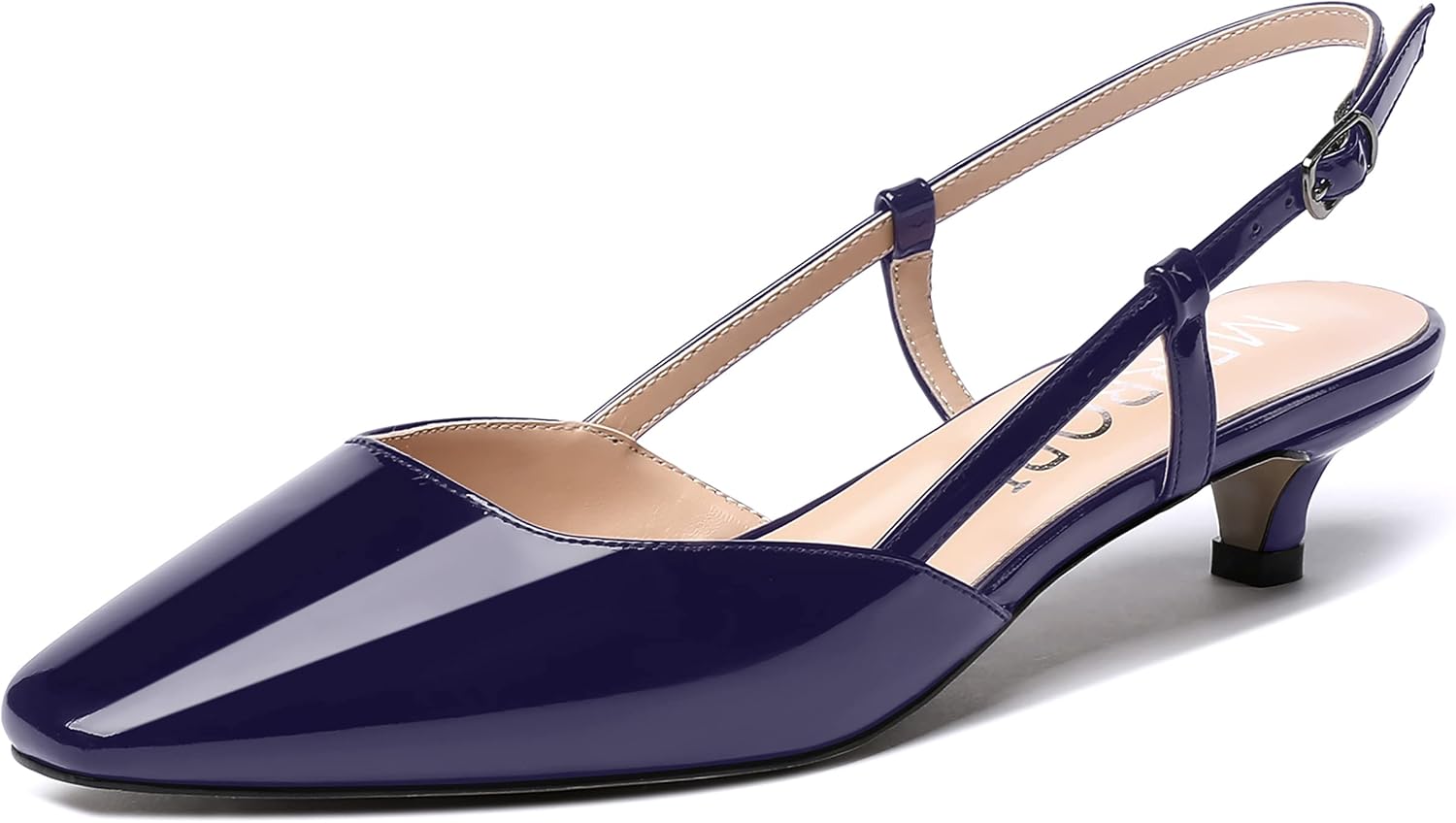 MERRORI Women's Patent Slingback Pumps - Square Toe, Buckle Strap, 1.5 Inch Kitten Heel