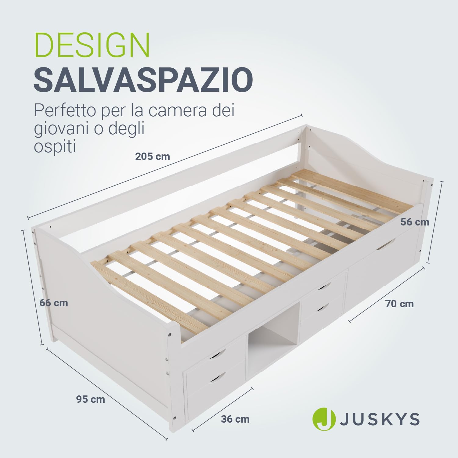 Juskys Letto per bambini 90x200 con cassetti e rete a doghe – letto in legno massiccio di pino con contenitore – letto singolo per bambina e bambino – bianco