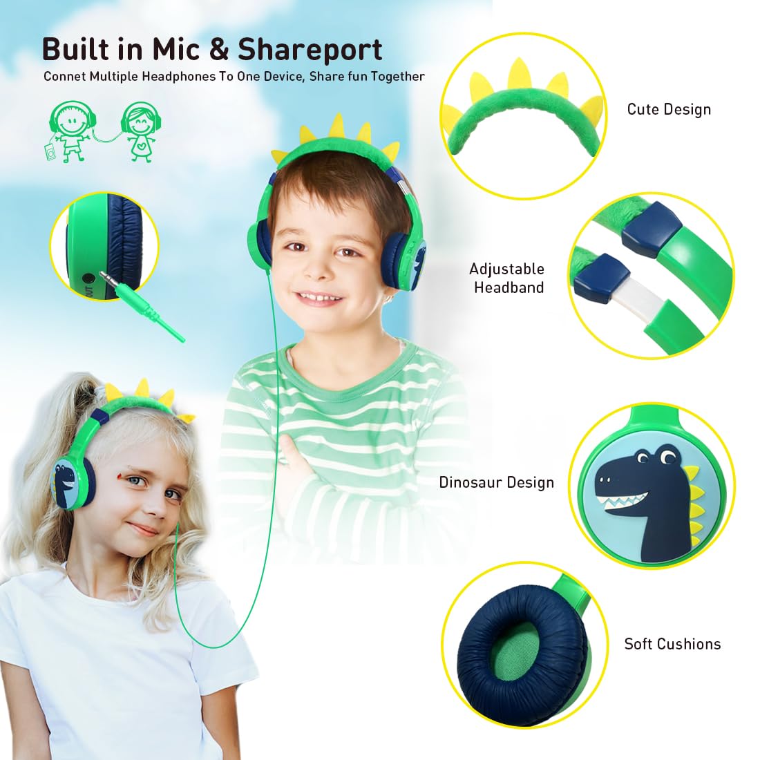 Auriculares Bluetooth para niños con volumen seguro de 85 dB, ranura limitada para tarjeta SD, función de compartir música, Bluetooth ajustable 5.3 Aux 3.5 mm cable incluido para niños y