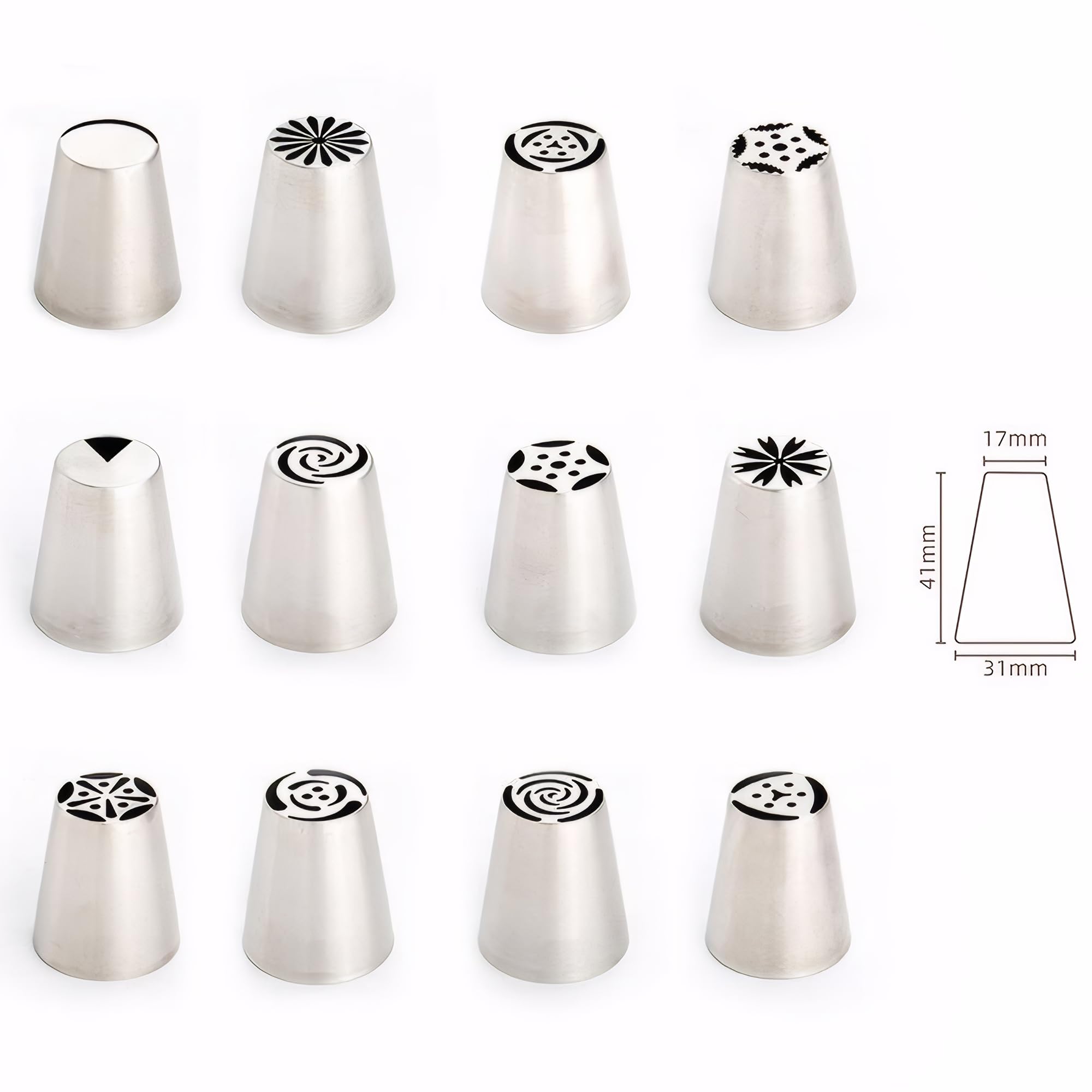 Russian Piping Tips Set: Stainless Steel Cake Decorating Tips, 27 Pcs Baking Piping Bags and Tips Set, 12 Flower Frosting Tips 2 Leaf Piping Tip 10 Pastry Bags 2 Couplers 1 Reusable Silicone Bag