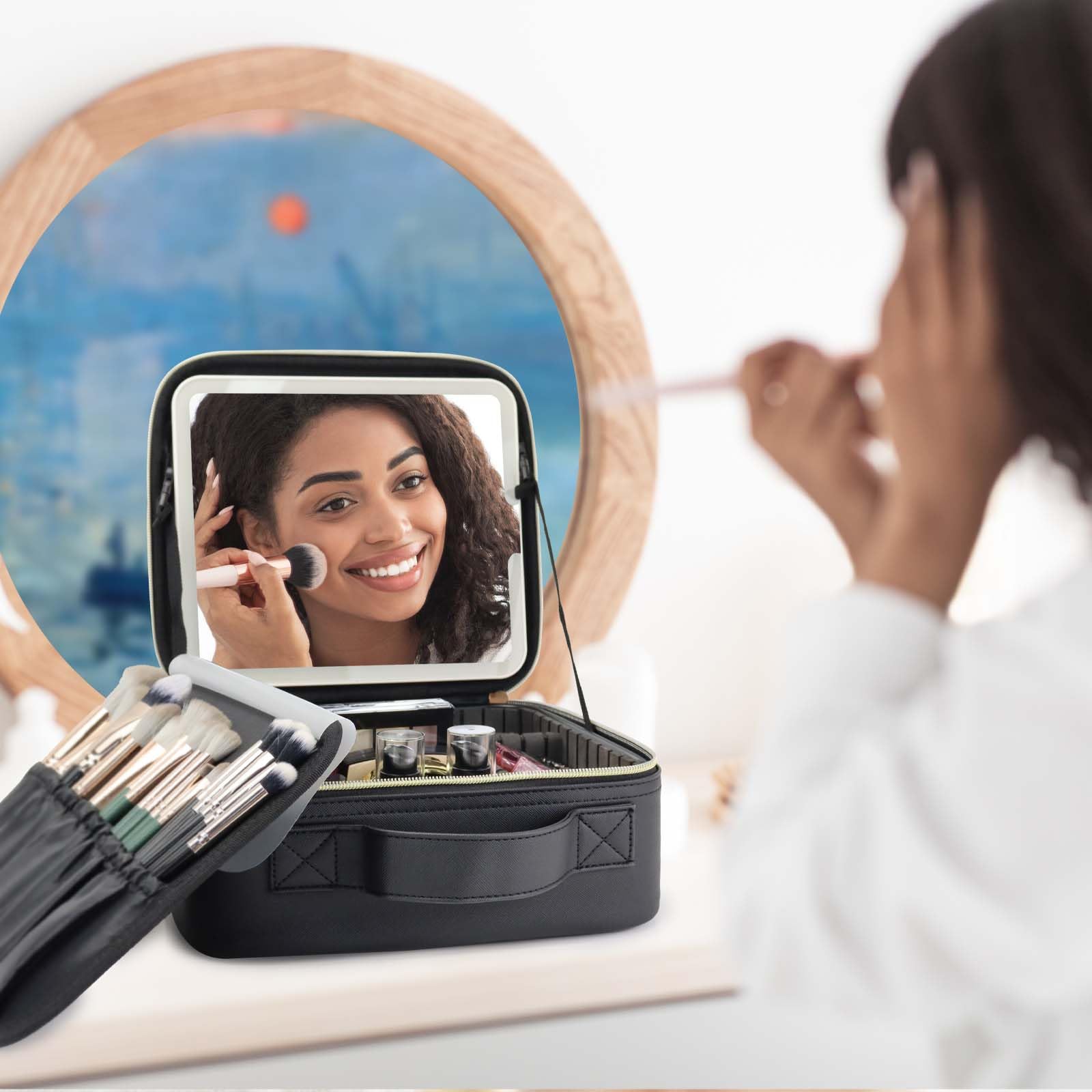 Make-up-Tasche mit LED-Spiegel, Reise-Make-up-Organizer mit 3 beleuchteten Einstellungen, verstellbaren Trennwänden und Make-up-Pinsel-Aufbewahrung, Schwarz, Die große Reise-Make-up-Tasche mit